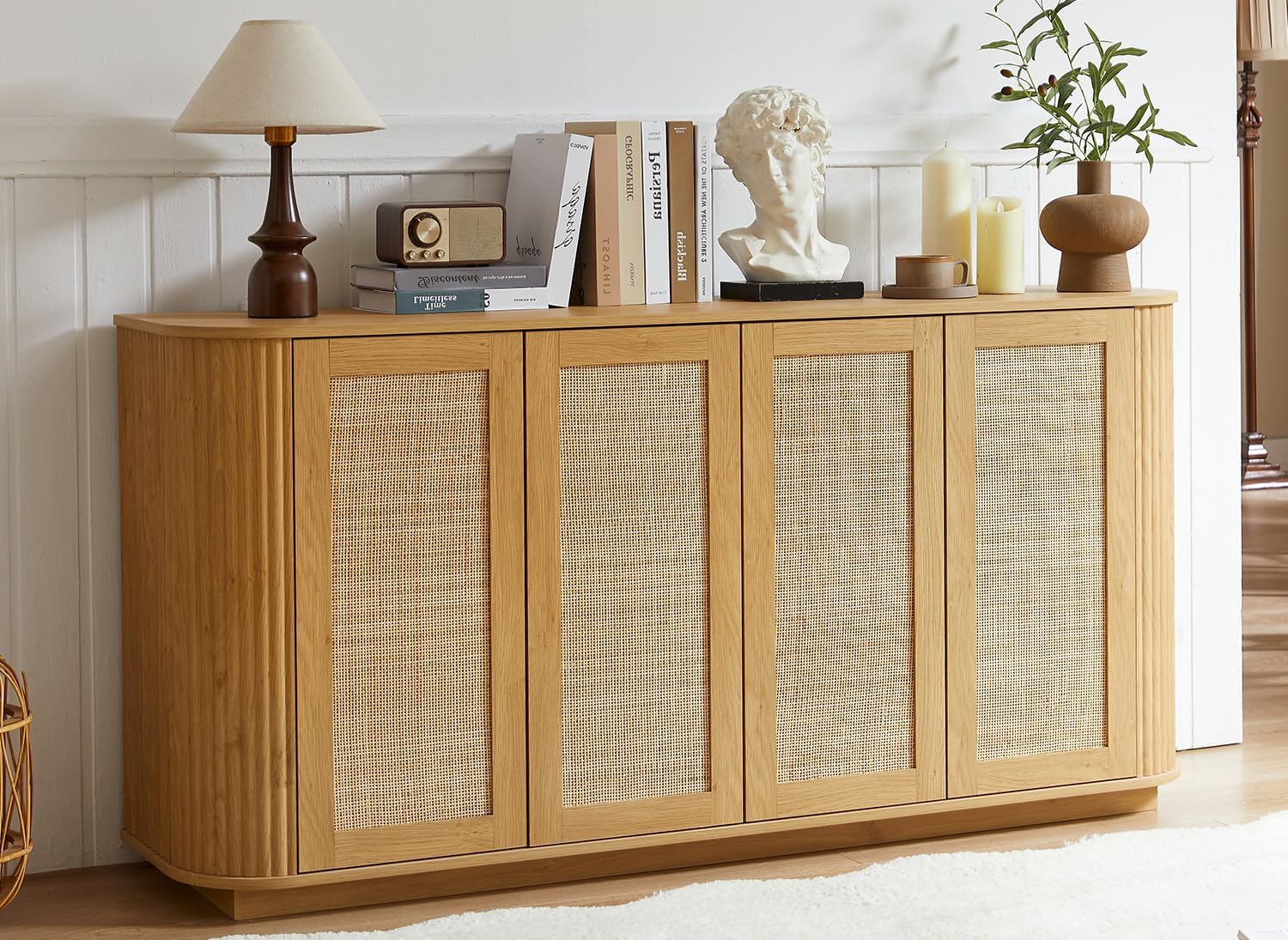 64" Sideboard Buffet Cabinet with Storage, Wooden Fluted Storage Cabinet Sideboard with Adjustable Shelves Pressed Spring Rattan Doors for Kitchen Living Room (Natural)