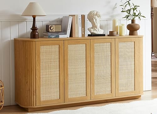Miniatura 12 de LKTART Aparador de 64 pulgadas con almacenamiento, armario de almacenamiento de madera acanalada, aparador Credenza con estantes ajustables, resorte