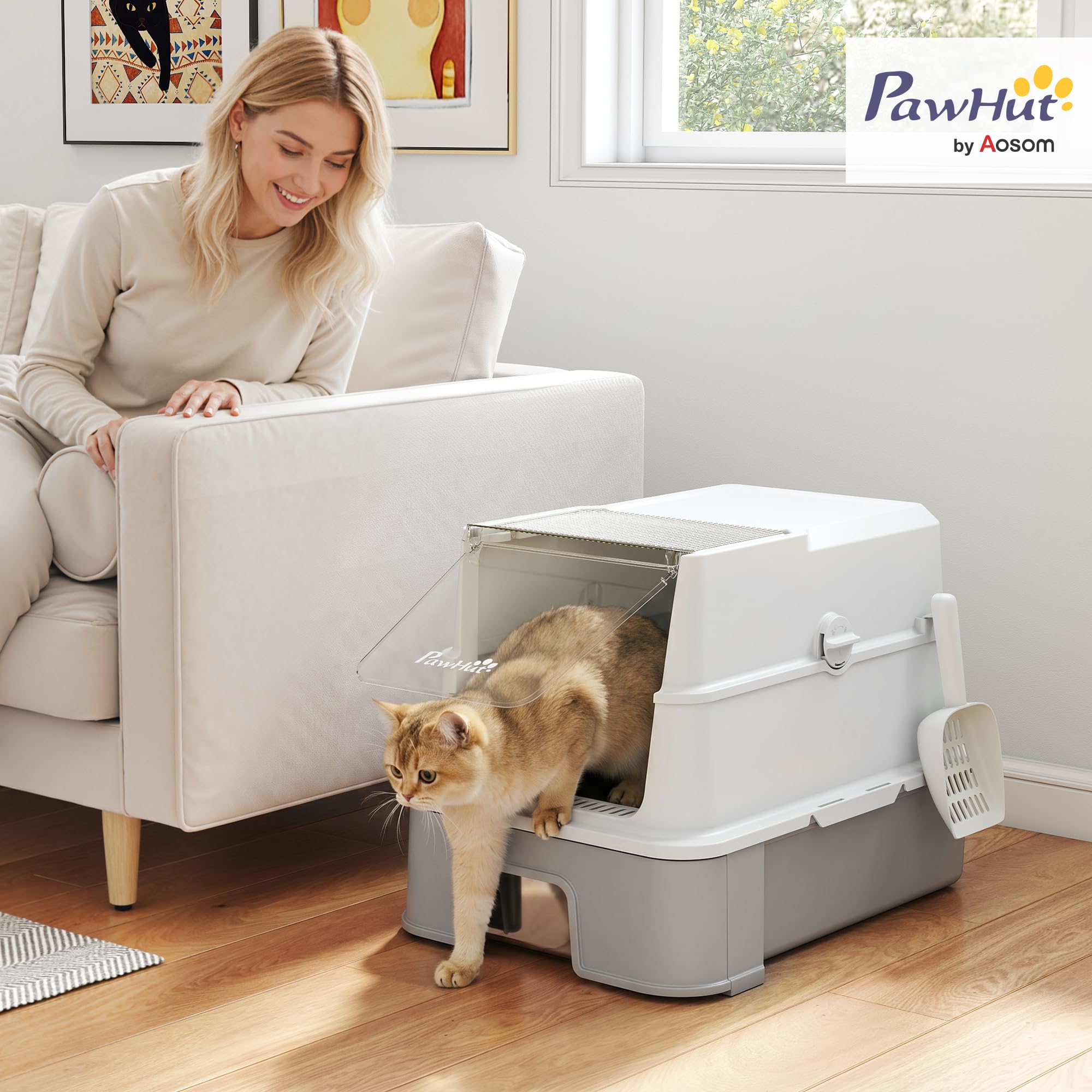 PawHut Lettiera Gatto Chiusa XL in Acciaio Inox con Coperchio 68L Grigio | 3 in 1 Toilette per Gatti, Vassoio Estraibile, Paletta, Pareti Alte, Antiperdita, Antiodore, Facile da Pulire