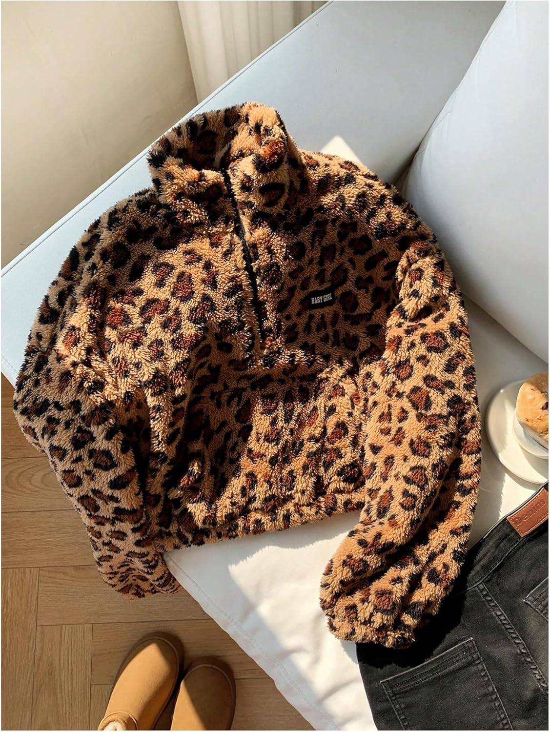 SOLY HUX Women's Leopard Fleece Sweatshirt Half Zip Mock Neck Long Sleeve Fuzzy Cropped Pullover Tops with Pocket - Image 3