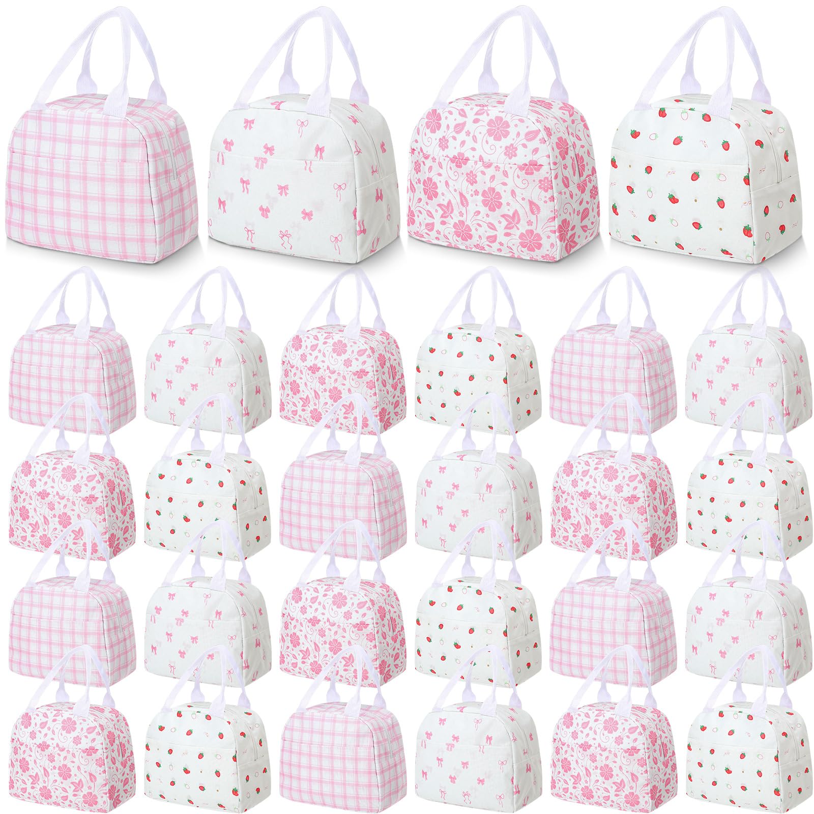 24 Pcs Insulated Lunch Bags Bulk for Women Cute Floral Bow Strawberry Lunch Bag Reusable Pink Beige Oxford