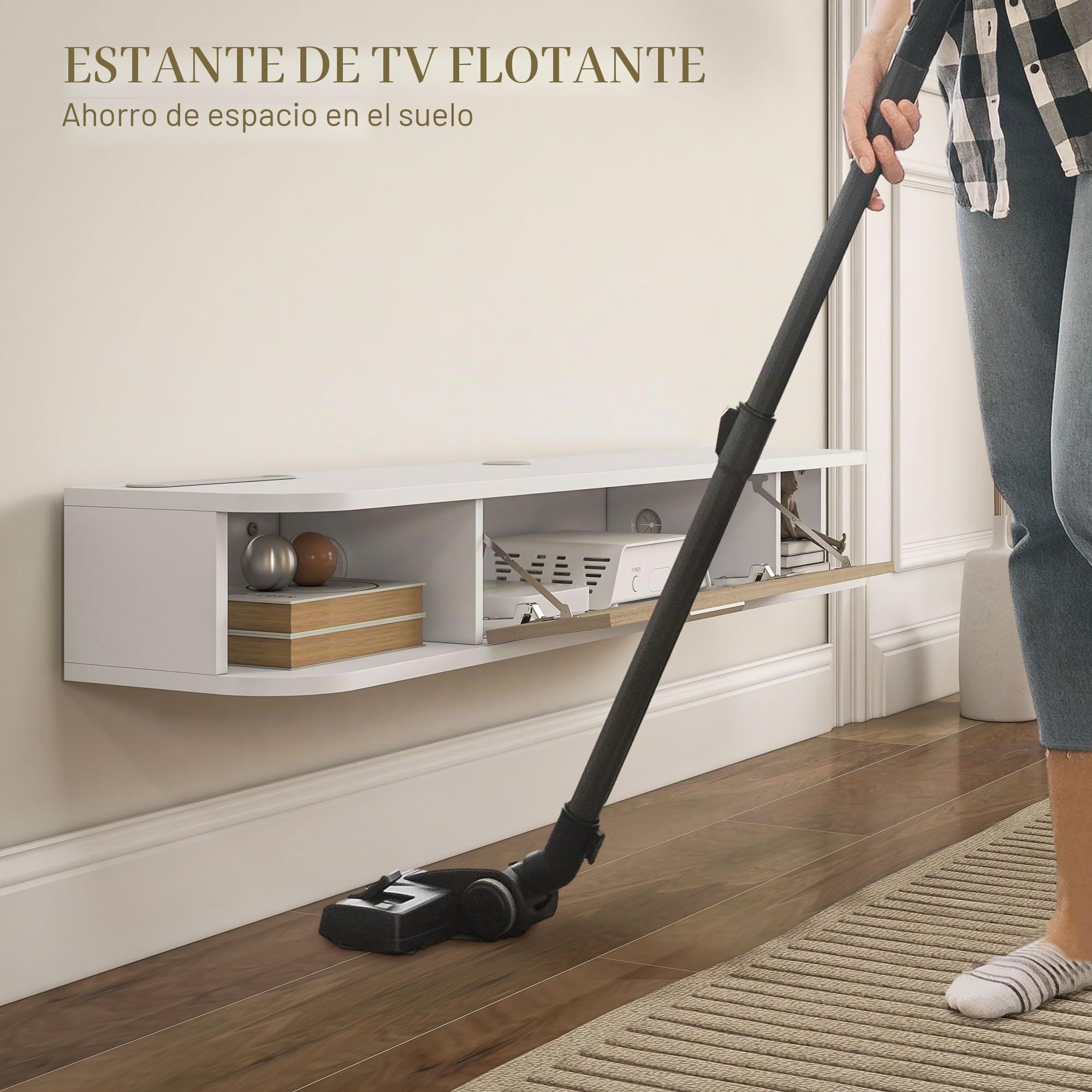 HOMCOM Mueble TV de Pared 120 cm para TVs hasta 50 Pulgadas, Blanco | Soporte TV, 2 estantes abiertos, puerta abatible, gestión de cables, banco TV flotante, salón, dormitorio