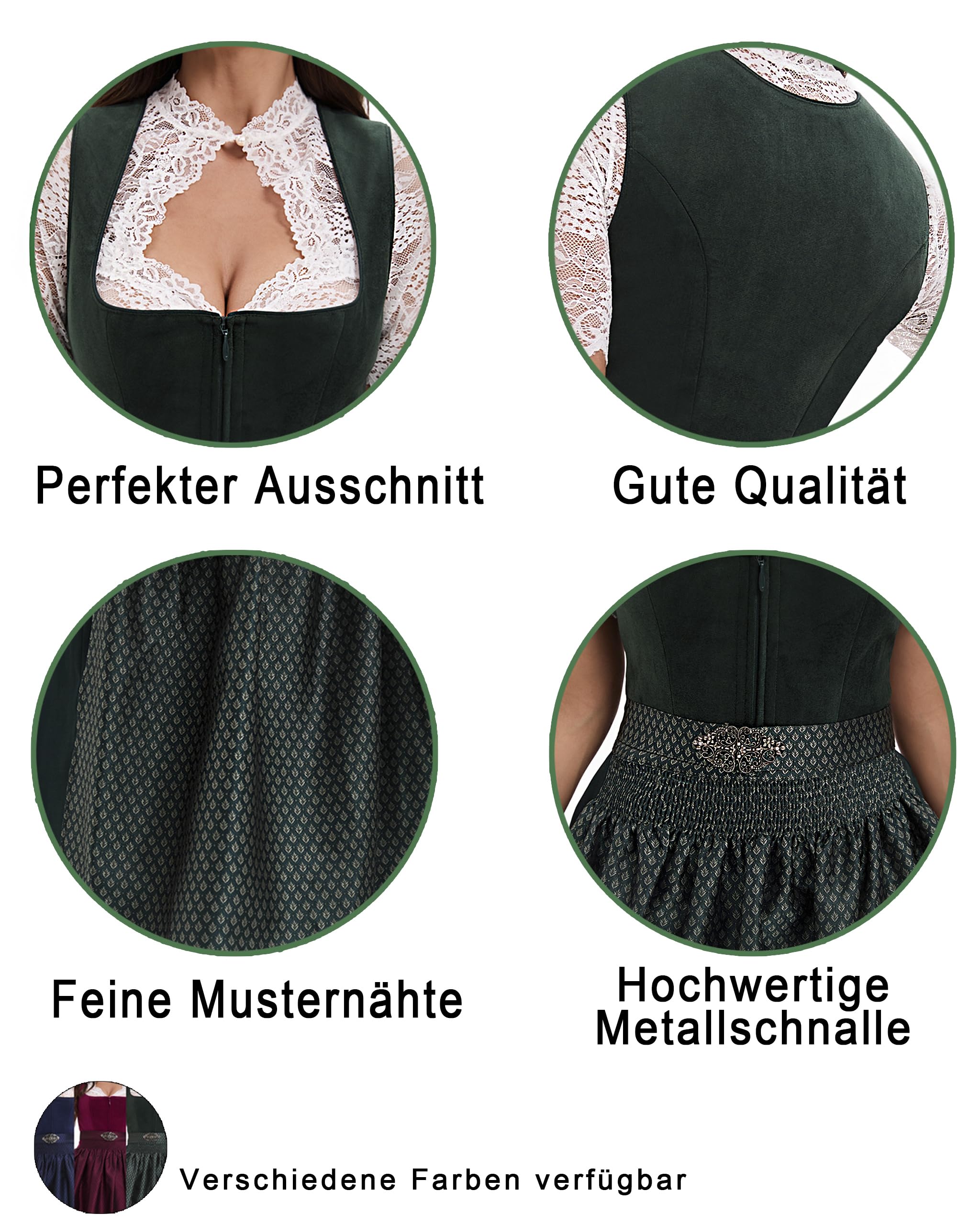 Goxozzy Dirndl Damen Midi Samt Trachtenrock mit Dirndlschürze für Oktoberfest Größen 34-44 Rocklänge 60cm Grün Rot Blau