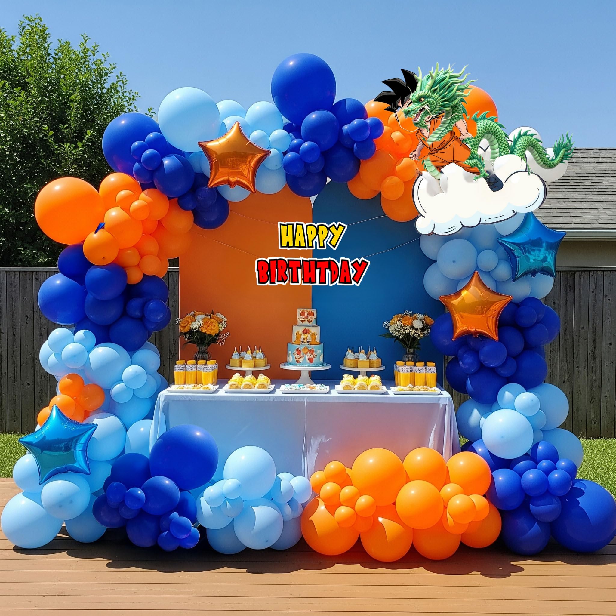 120PCS Cartoon Theme Blue and Orange Balloon Garland Arch Kit with long balloon Star Shape Foil Balloons for kids TV Anime dragon Birthday Sports