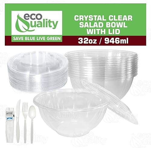 Miniatura 5 de Cuencos para ensalada de 32 onzas con tapas y cubiertos (300 unidades)  Recipientes de ensalada desechables de plástico transparente  Para almuerzo,