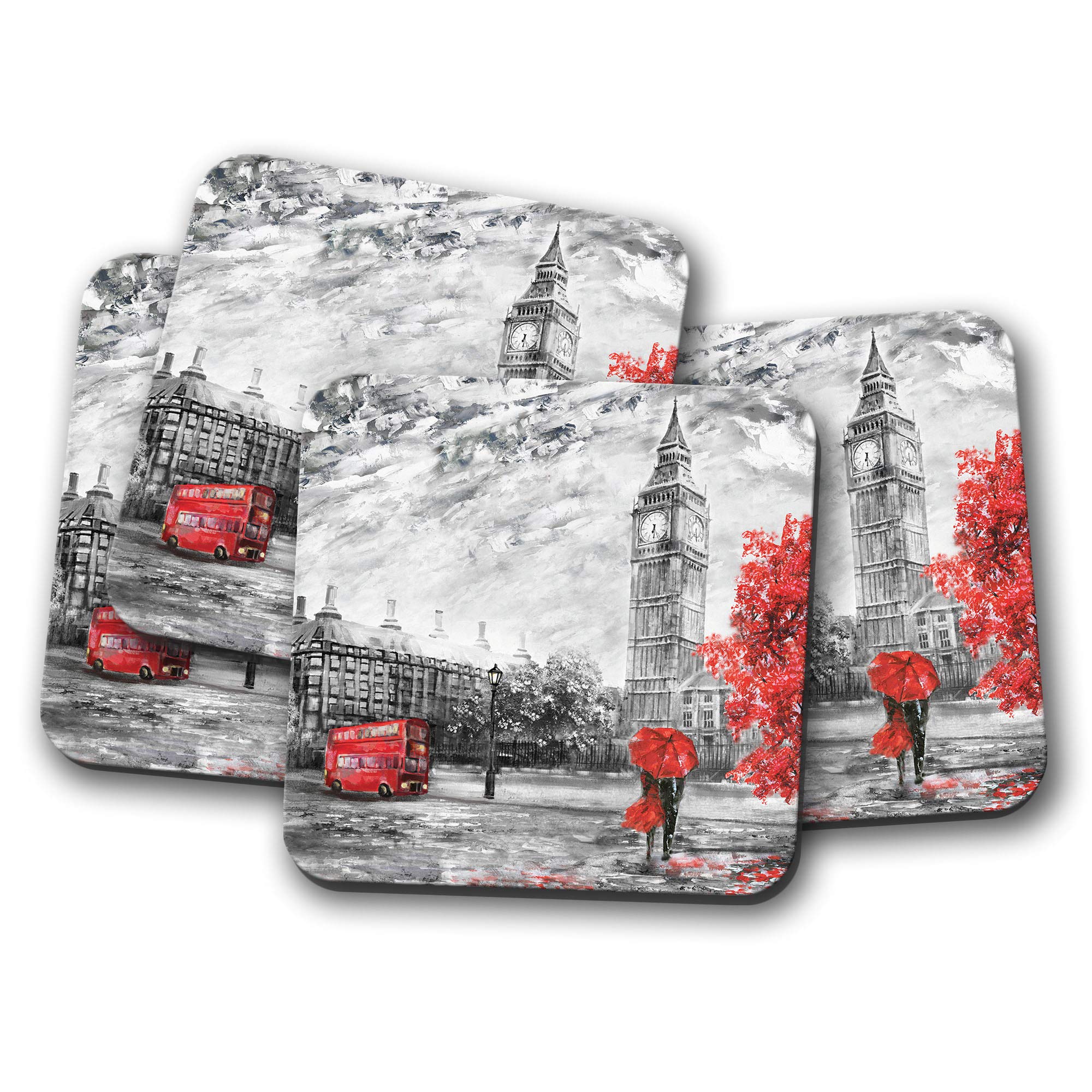 Destinationvinyl Multicolor 4 Set - London Winter Coaster - Red Bus Big Ben England Britain Fun #14500