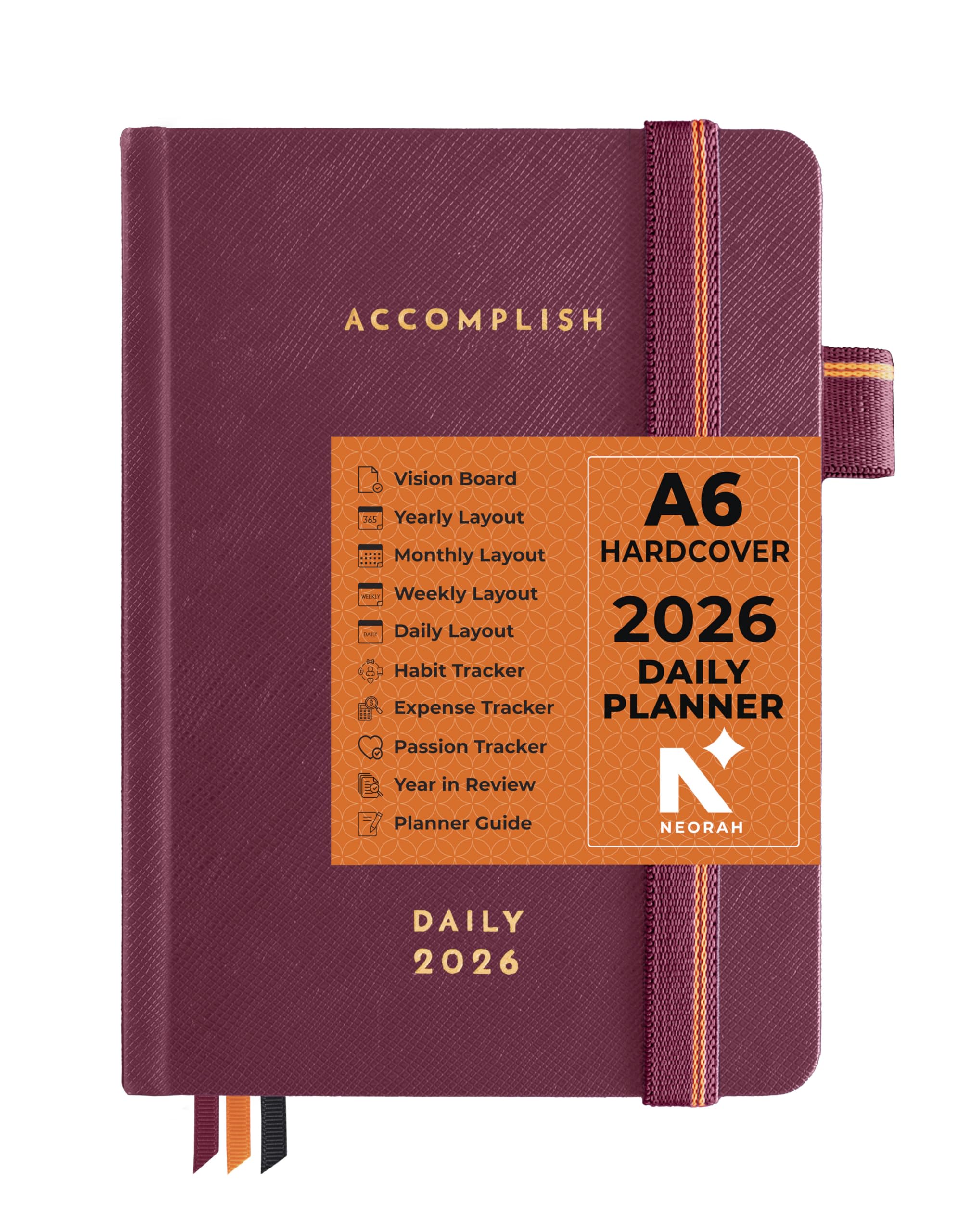 NEORAH - A6 - 2025 | 512 Pages | Daily Dated ACCOMPLISH - Page a Day Planner + User Guide + Planner Box | Includes Dated Layouts for Yearly | Monthly | Weekly + 24hrs Hourly | 365 Daily Journal Pages | 12 Month Budget + Habit Tracker Wheel | Track Goals | Things to Do | Health | Priorities | Affirmations | Accomplishments | Gratitude | Pro Planner with dates for Work & Study | HARD COVER | Everyday Planner| Size: (14.8 x 10.5 cm) | (Red) [STICKERS SOLD SEPERATELY]-image-20