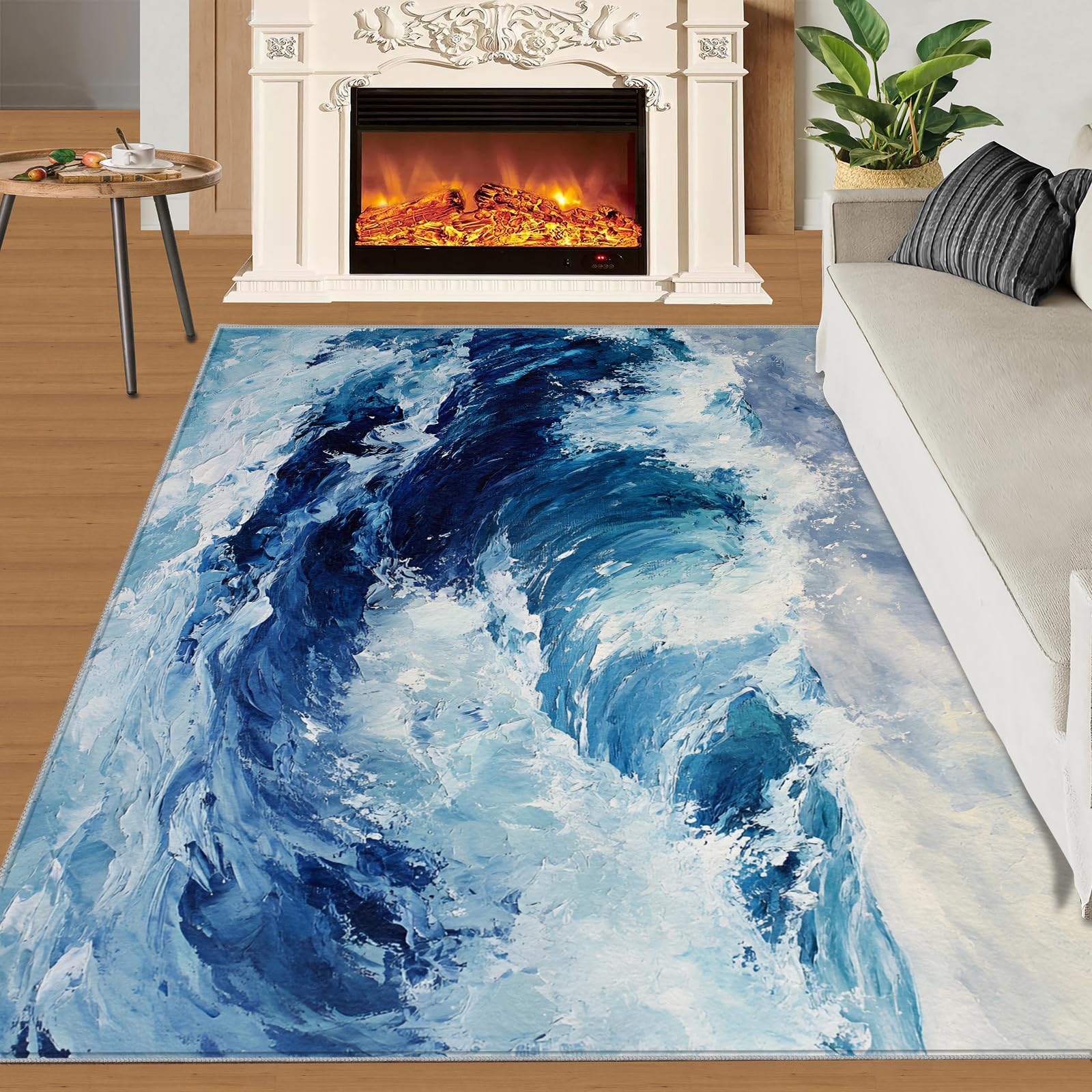 Tapis – Tapis de décoration d'intérieur, motif vagues de l'océan, tapis lavable pour salon, chambre à coucher, tapis d'intérieur antidérapant et à poils ras – Bleu océan – 100 x 150 cm – Cadeau