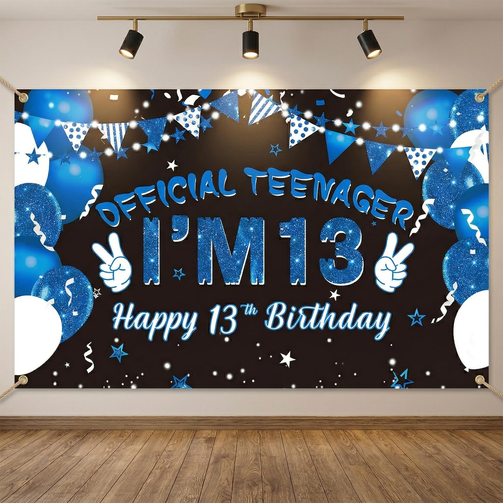 Happy 13th Birthday Banner Gliter Blue 1.5 x 0.9m Happy Birthday Banner Backdrop 13th Birthday Decorations for Boys, 13 Years Old Anniversary Party Supplies (blue black)