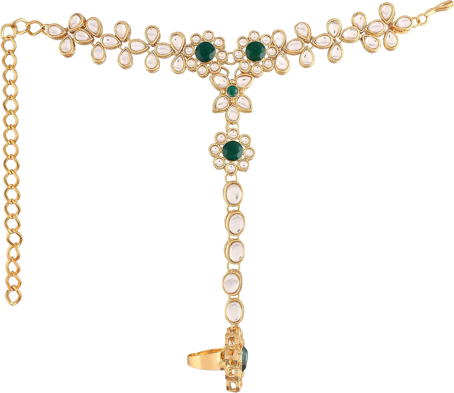 I Jewels Gold Plated Indian Bollywood Elegant Stone Haath Panja/Haath Phool Adjustable Chain Bracelet Jewelry for Women (PIJ20-21)