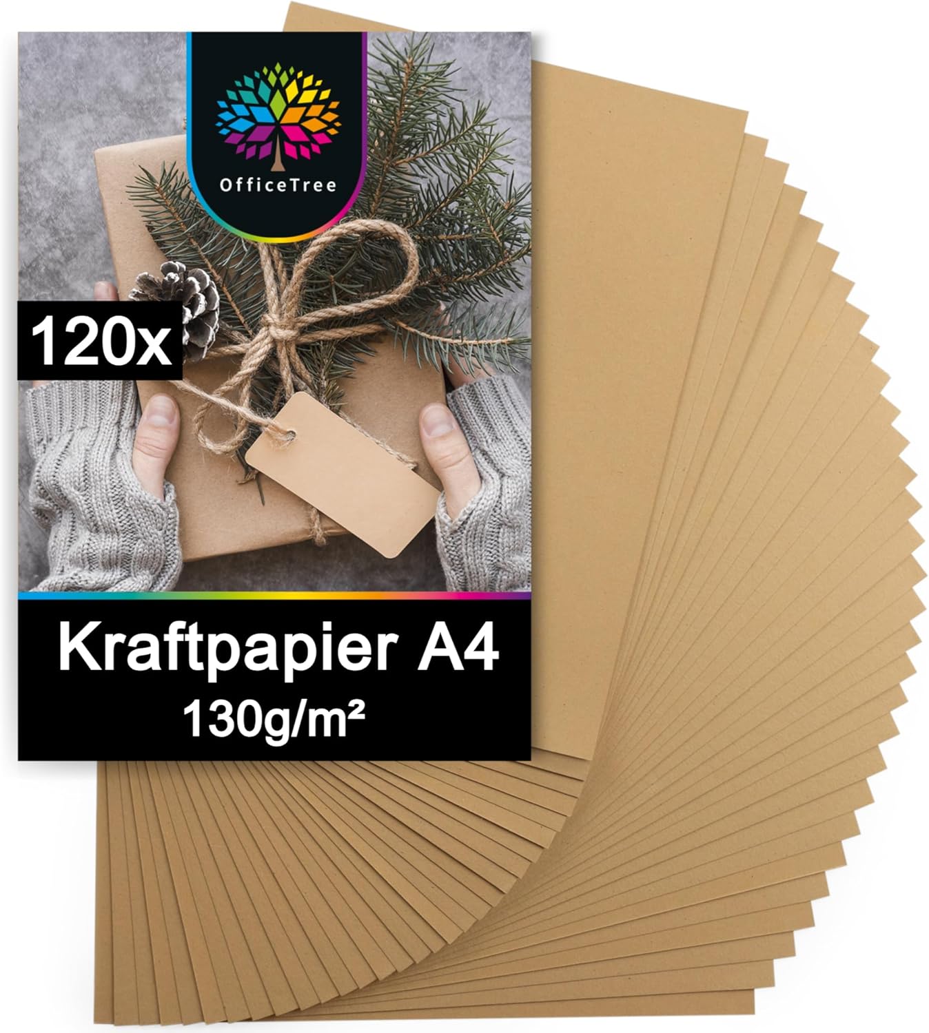 OfficeTree 120x Kraftpapier A4 130g - Craftpapier A4 - Kartonpapier zum Basteln Hochzeit Einladungen, Men&uuml;karten - Braunes Papier - Kartonpapier - Craft Papier zum Drucken und Schreiben