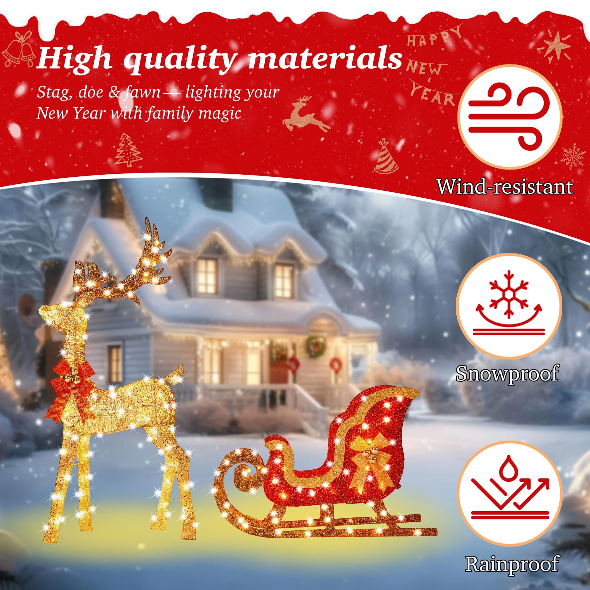 132 cm 3D Gold Groß beleuchtet Weihnachten Rentier & Schlitten Dekorationen 2 Stück Outdoor Urlaub Dekorationen Rentier Set mit 160 warmweißen LEDs Große Hofanzeige für Garten Schaufenster