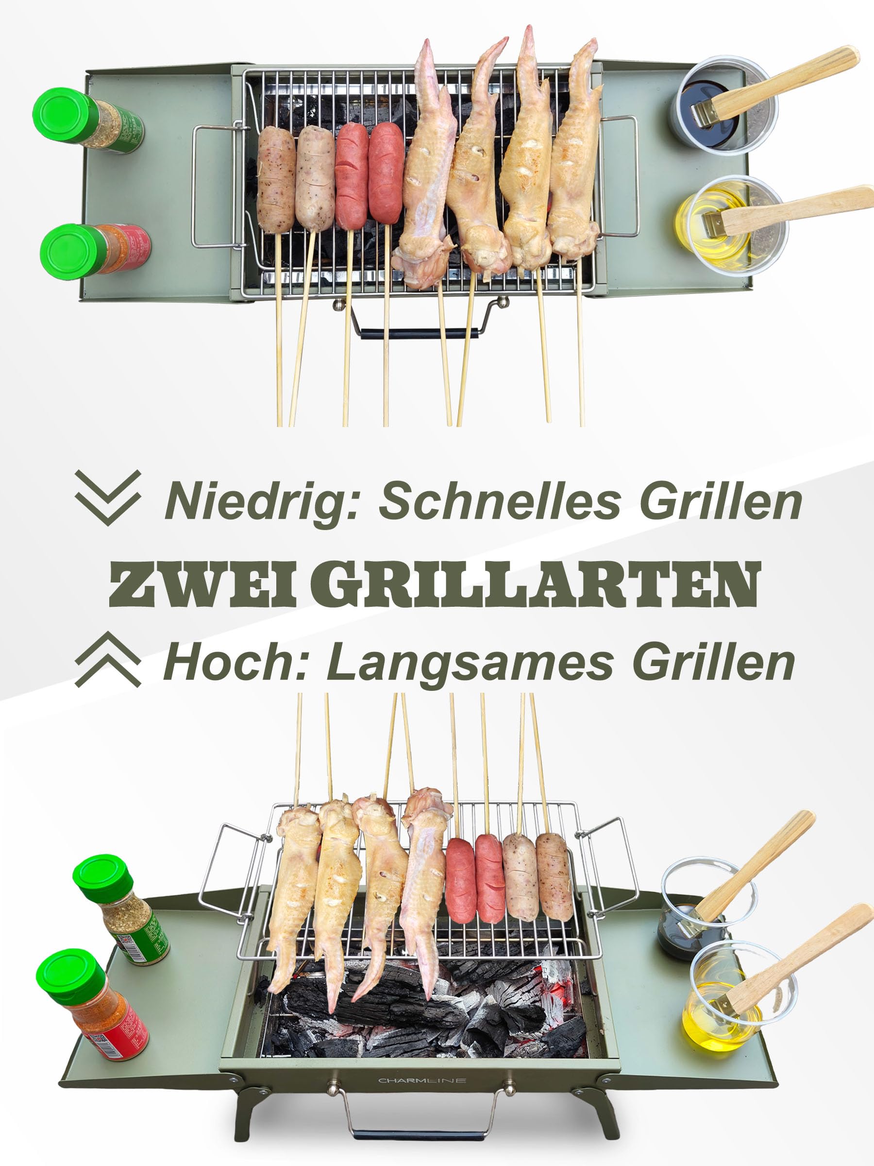 Charmline Tragbarer Holzkohlegrill, Klappbarer Campinggrill 35 x 23 cm für 1–3 Personen, Mini BBQ Grill für Balkon, Garten, Camping, Picknick und Strand, Grün