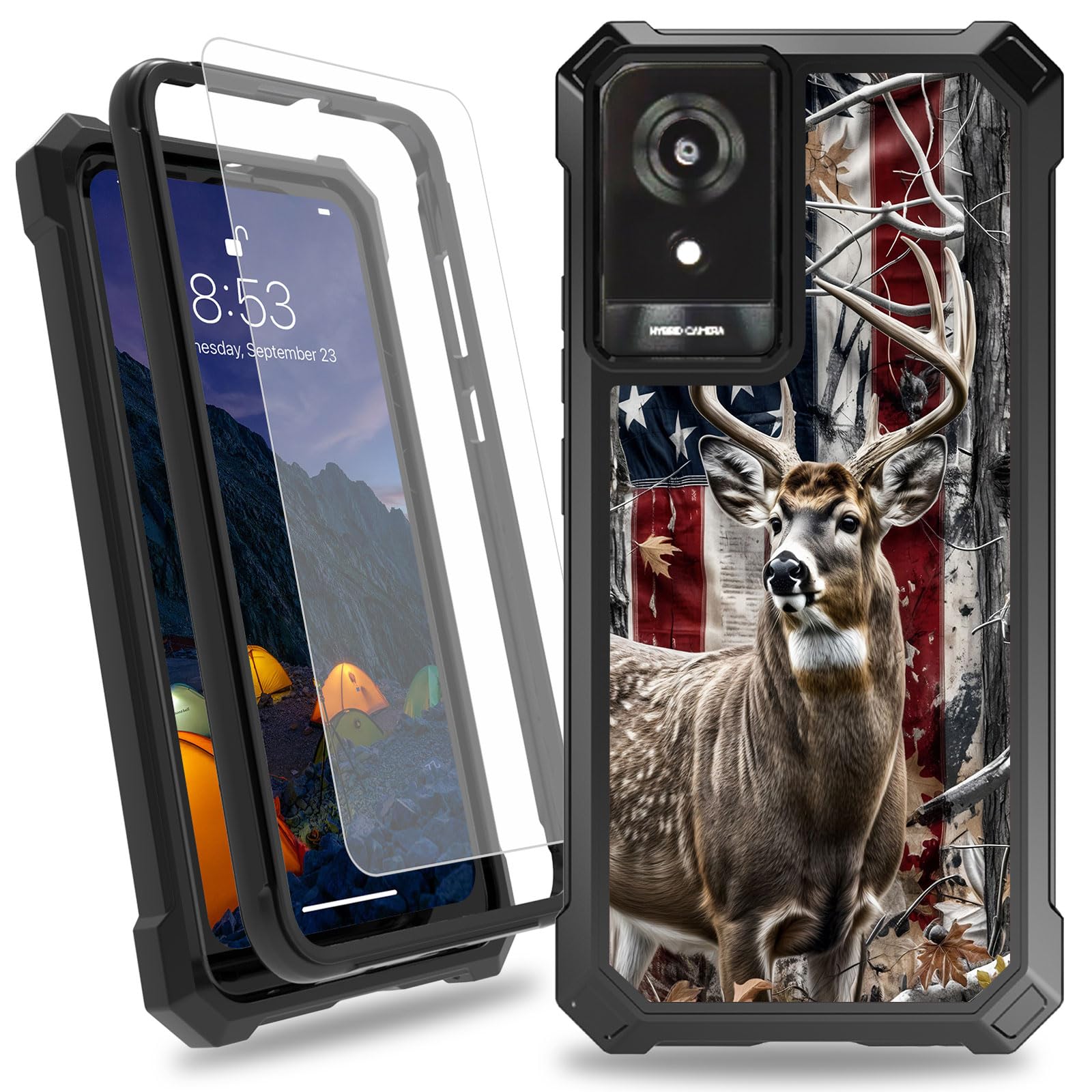 CAPAUNVDA for TCL K24 T434D T434W /K23 Case,Heavy Duty Dual Layer Slim Shockproof Black Cover with Tempered Glass Screen Protector for Women Man，Camo