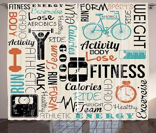 Ambesonne Cortinas de fitness, concepto de vida saludable y activa, ejercicio deportivo, texto, efecto grunge, concepto de gimnasio, sala de estar,