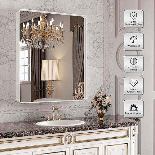 Miniatura 2 de Espejo blanco para baño de 40 x 32 pulgadas, espejo de tocador con marco de metal blanco blanco para pared, espejo rectangular de esquina