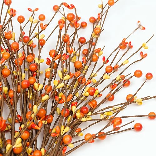 Miniatura 5 de Paquete de 6 tallos de otoño para jarrones, tallos de bayas artificiales de 16.5 pulgadas para granja de otoño con púas de bayas de naranja y flor