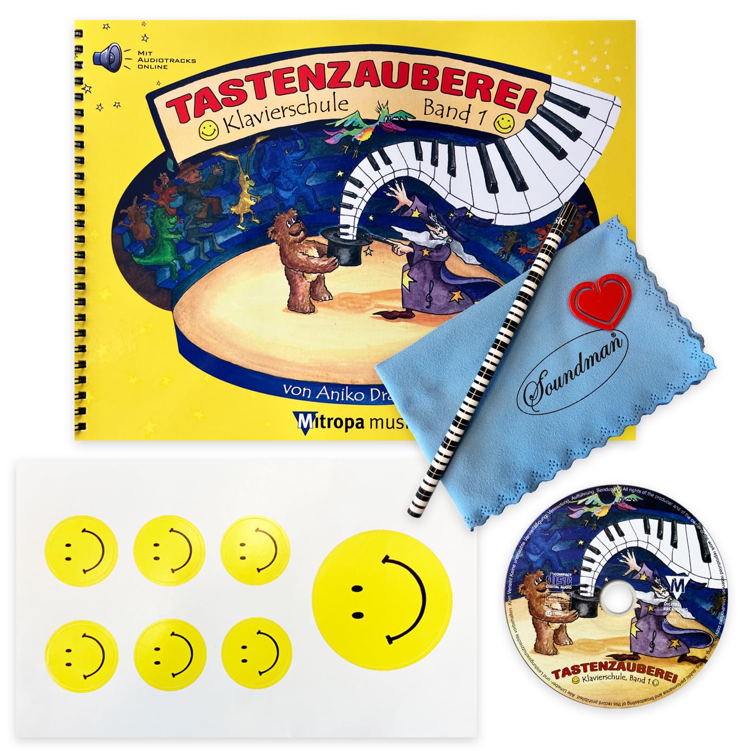 Tastenzauberei Klavierschule Band 1+ Online-Audiotracks Mikrofasertuch, Bleistift, Notenklammer und 7 lustigen Smiley-Stickern - Spiralbuchbindung