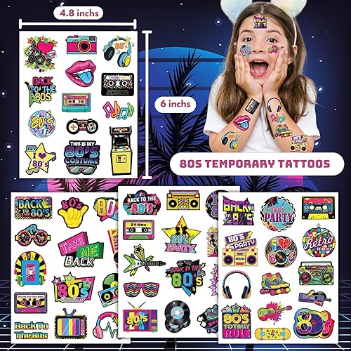 Miniatura 2 de 53 tatuajes temporales de los años 80, decoraciones retro de los años 80 para fiestas de hip hop, decoración de cumpleaños, consola de juegos