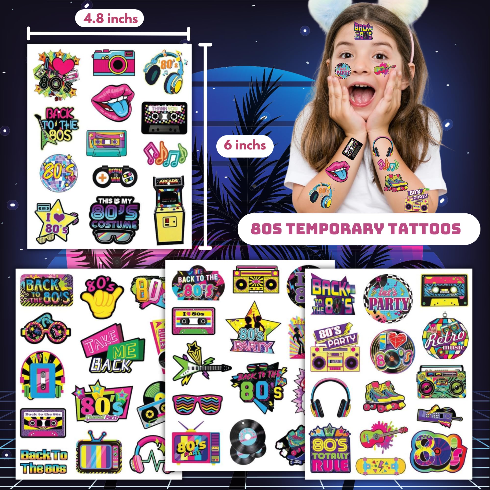 53 PCS 80s Temporary Tattoos, Retro 1980s Hip Hop Party Birthday Decorations Fake Game Console Recorder Tattoo Body Sticker for 80s Birthday Party Favors Supplies Kids Boys Girls Party Bag Filler