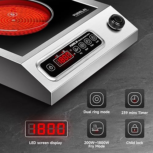 Miniatura 3 de Placa eléctrica de 1800 W con calefacción infrarroja y 9 niveles de potencia, quemador de encimera de grado comercial, estufa de cerámica con