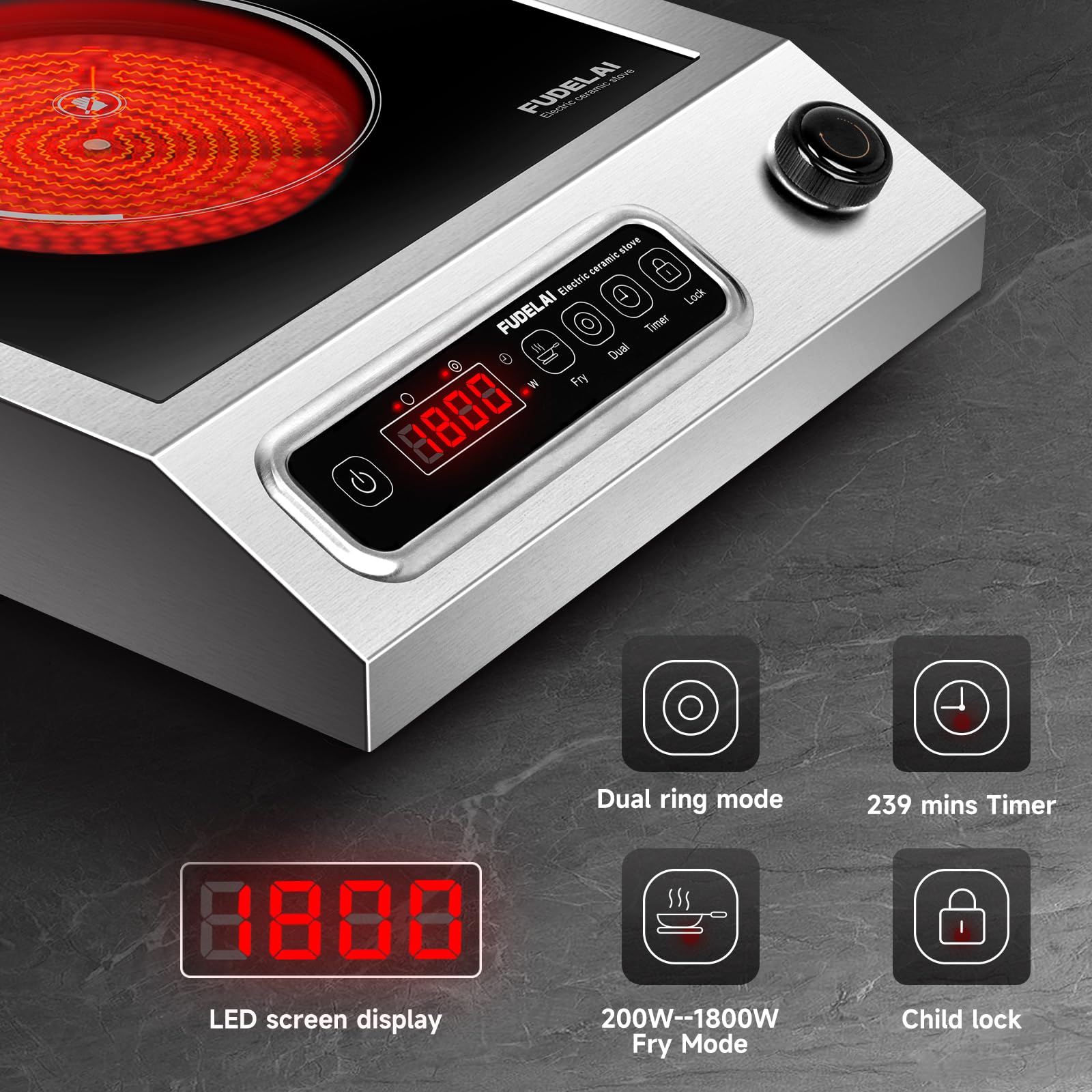 Placa eléctrica de 1800 W con calefacción infrarroja y 9 niveles de potencia, quemador de encimera de grado comercial, estufa de cerámica con temporizador, bloqueo de seguridad infantil para cocina 3