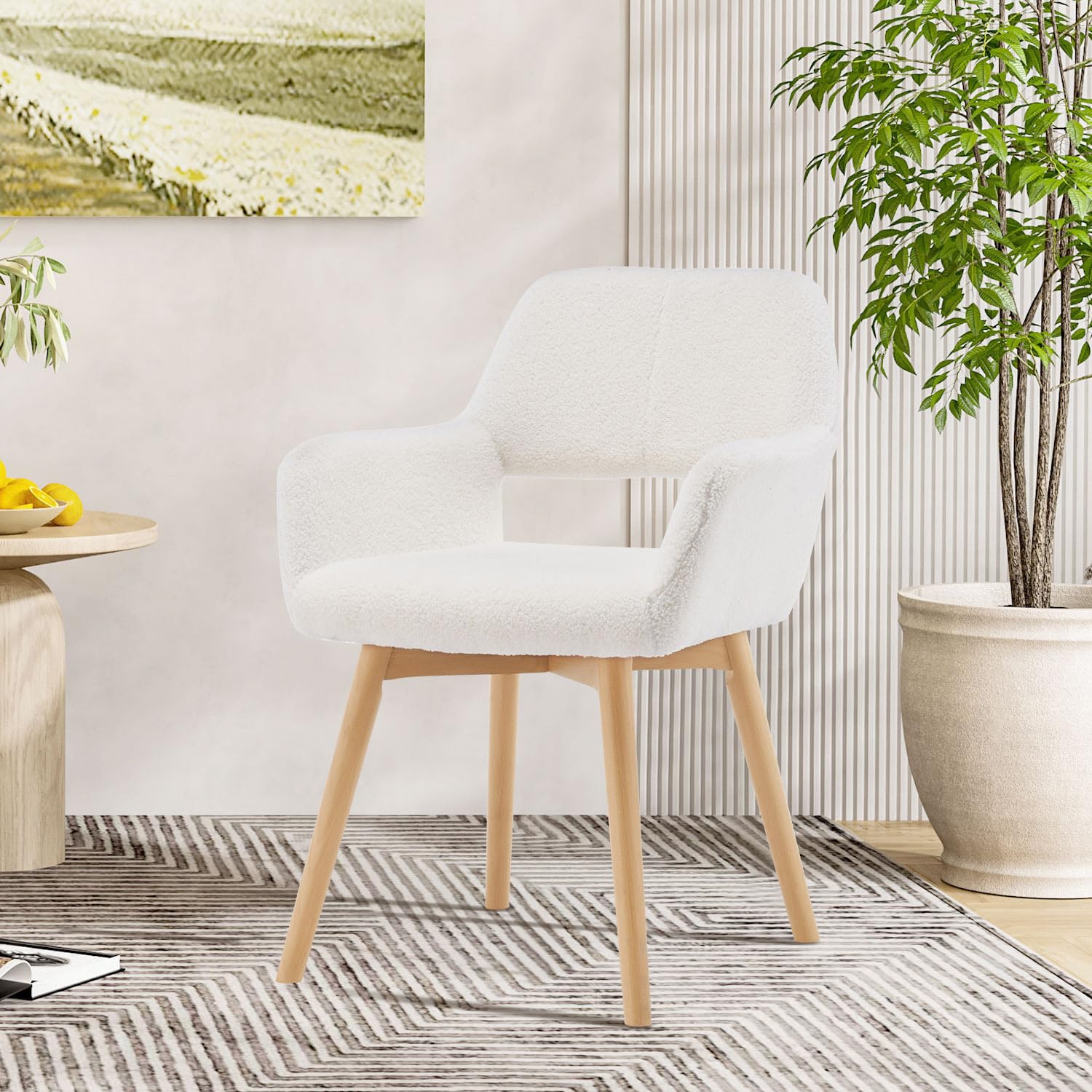 YEEFY Desk Chair No Wheels Vanity Chair Comfy Accent Chair for Living Dining Room Bedroom Home Office Mid Century Modern Upholstered Armchair with Wood Legs (Wool White, 1)