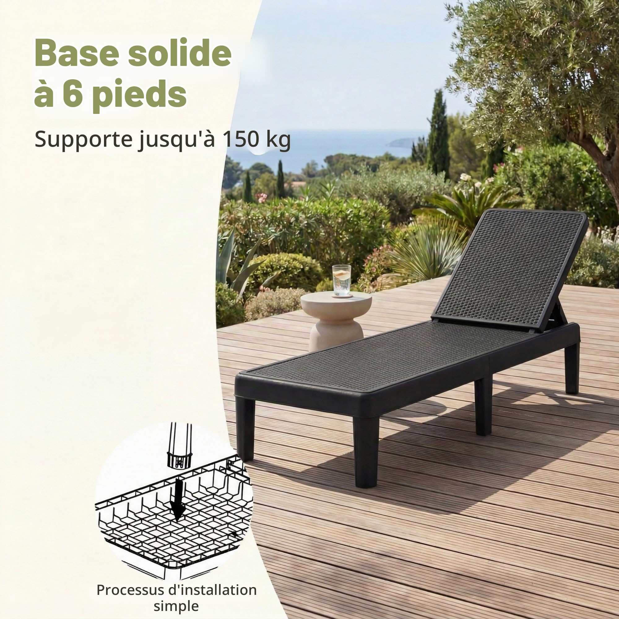 LIFEZEAL Chaise Longue de Jardin, Bain de Soleil Effet Rotin avec Dossier Réglable 4 Positions, Transat Jardin Exterieur Inclinable, Charge 150 kg, Chaise Bronzage pour Terrasse Patio (2*Noir)