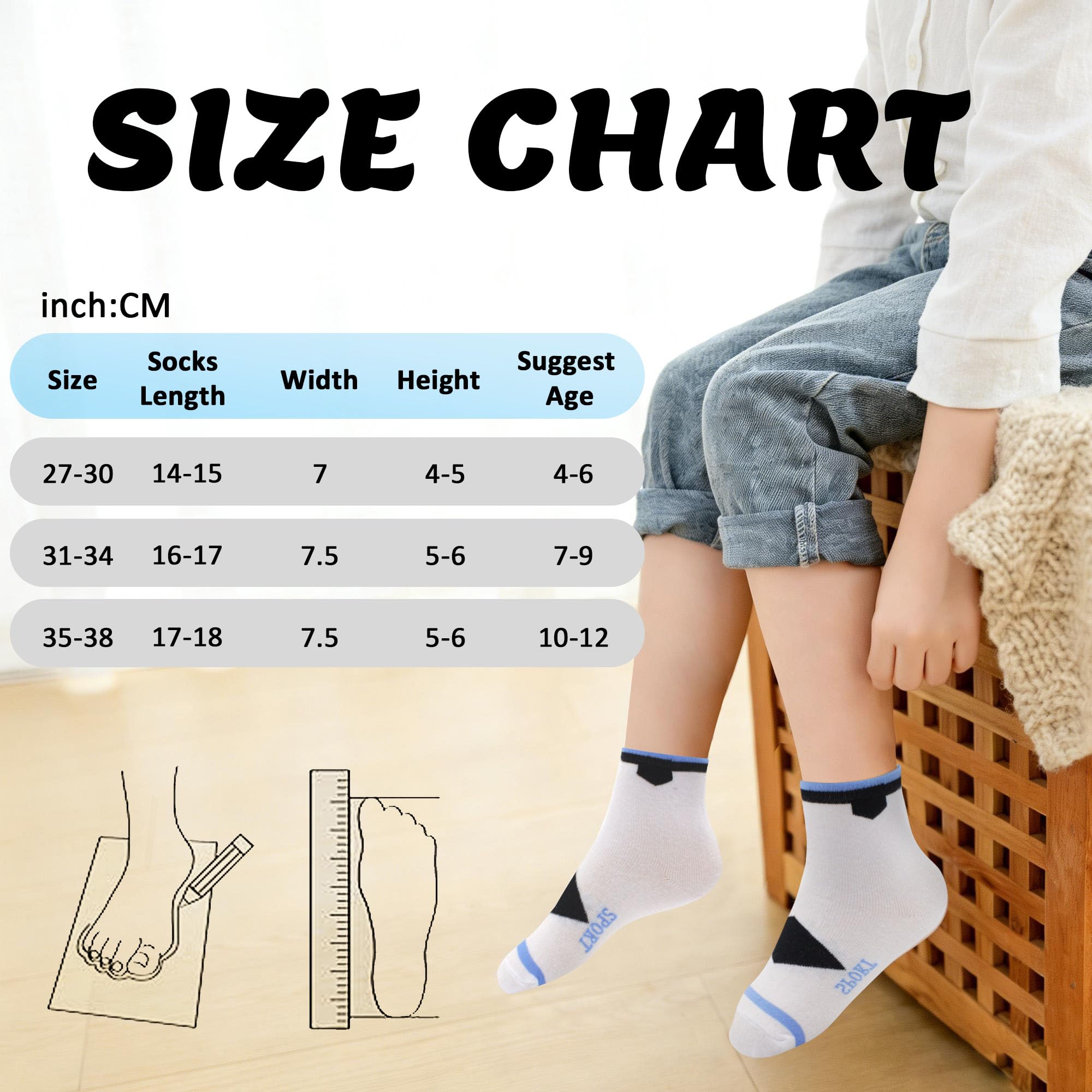 Chaussettes Enfant Garçon Fille Coton Doux Respirantes Motifs Sport Unisex Foot Confortables Pack de 12