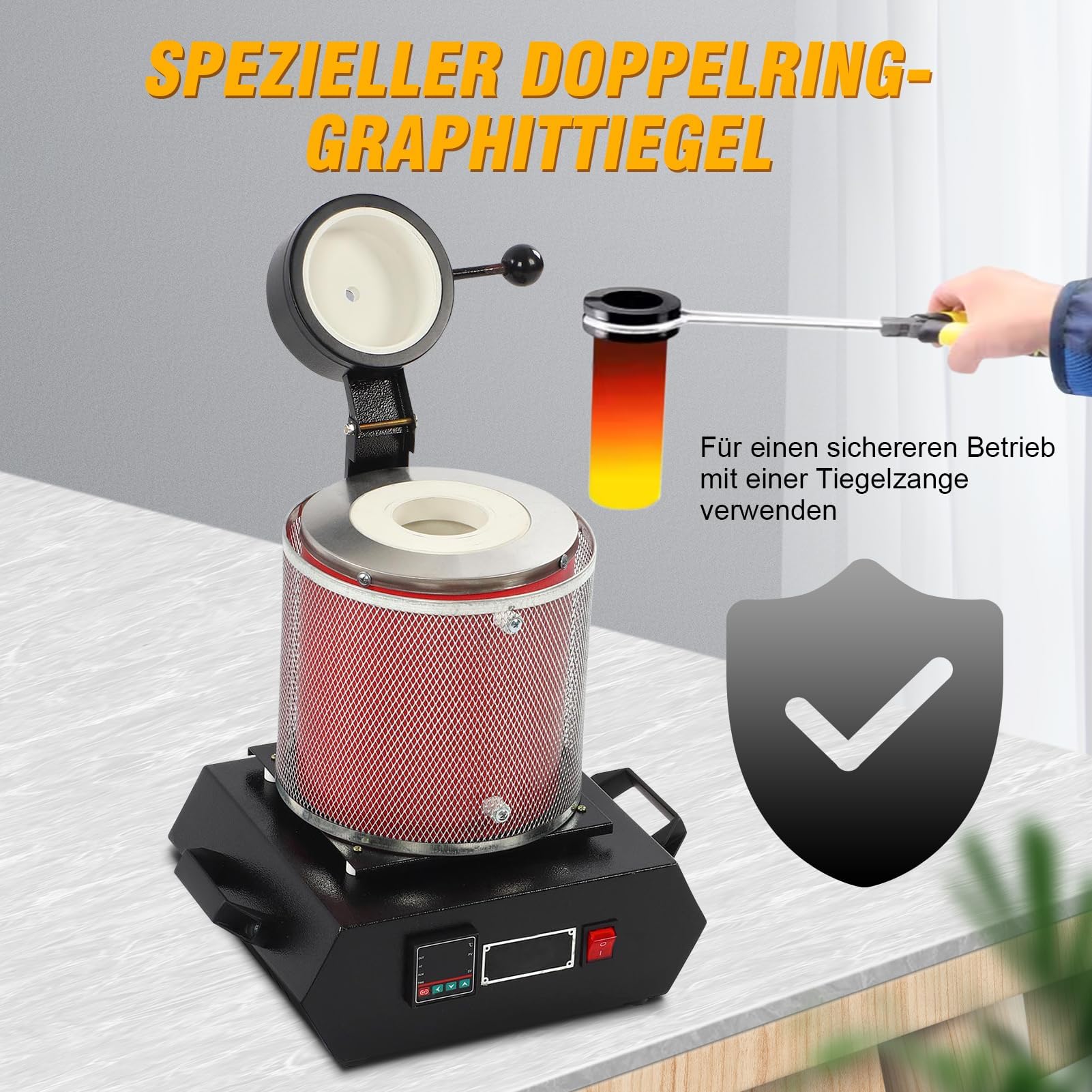 3KG Gold Schmelzofen, Digitaler Elektrischer Schmelzofen Automatischer Schmelzofen mit Graphit Tiegel für Edelmetalle Gold Silber Schmuck 1500-2000W (EU-Stecker 220 V)