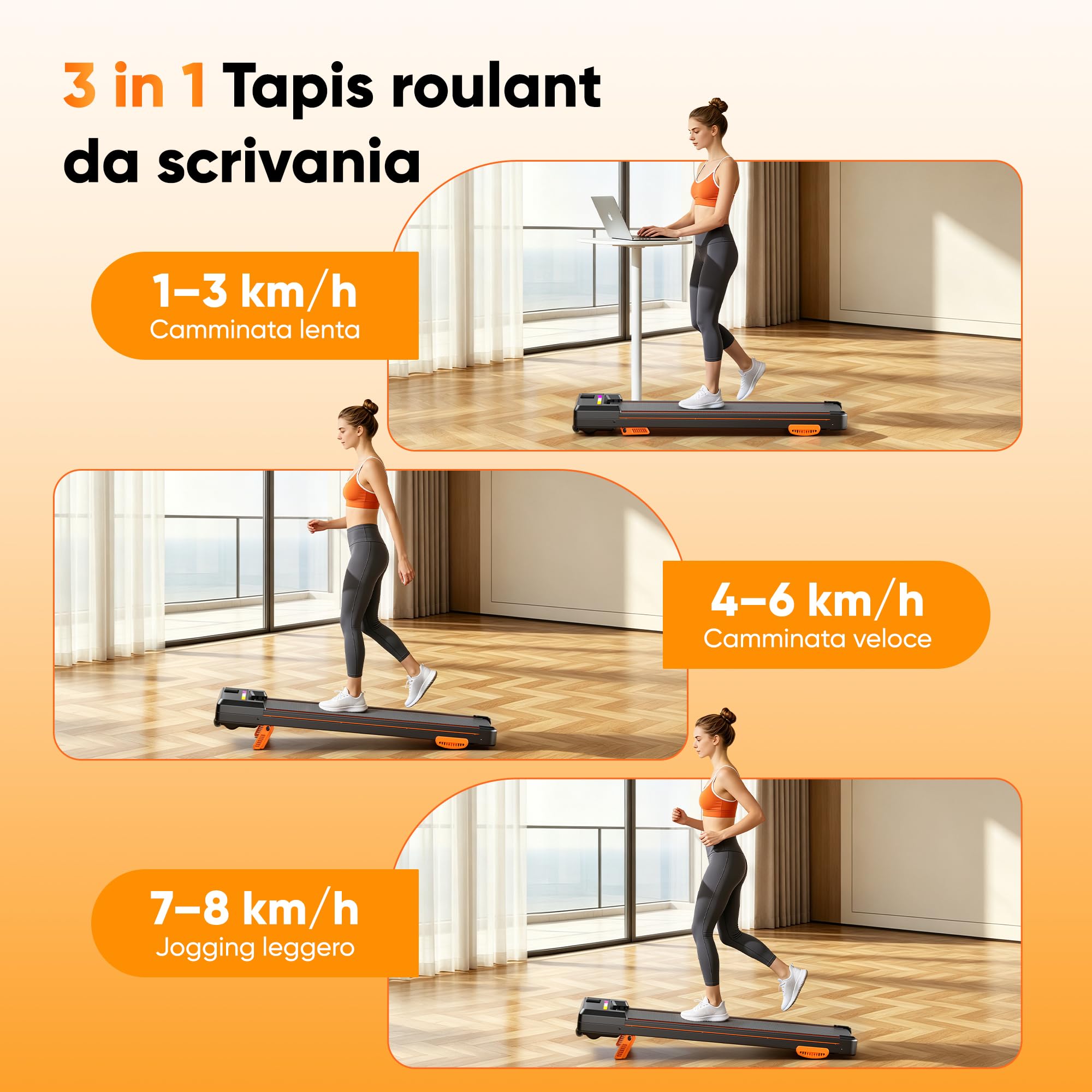 GIDGIMO Tapis Roulant Elettrico 3 in 1 con Inclinazione all’8%, Walking Pad da Scrivania 1-8 km/h, Motore Silenzioso da 500 W, Display LED e Telecomando, Portata 135 kg, per Casa e Ufficio