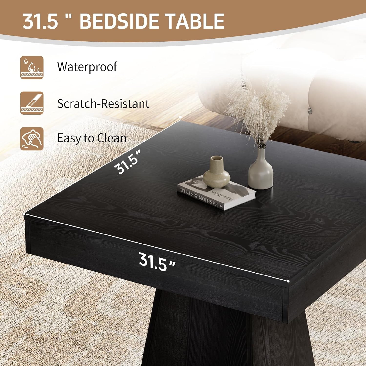Square Dining Table, Farmhouse Style Eating Table for 2-4 People, 31.5-inch Kitchen Table with Sturdy Pedestal Base, Wooden Dinner Table for Dining Room, Living Room, Black
