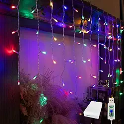 TUSLUZ Luzes de Natal de 4 metros com 96 LEDs USB/Cortina de Bateria com 18 Gotas Luzes de Gelo para Decoração de Quarto de Festa de Halloween (Multicolorido)