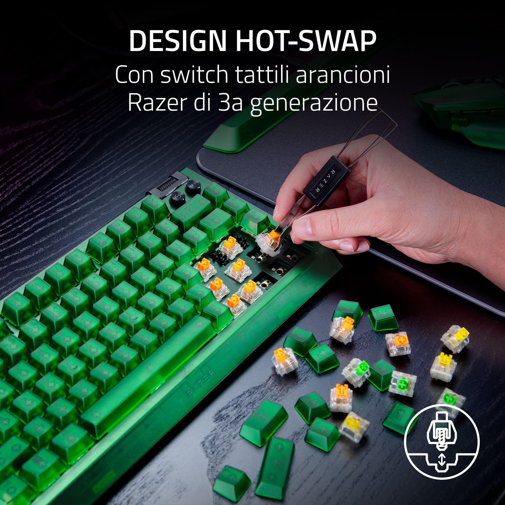 Razer BlackWidow V4 75% Phantom Green Edition - Tastiera meccanica da gioco Hot-swap (interruttori tattili arancioni, rullo multimediale con 2 pulsanti) Layout US | Phantom Green
