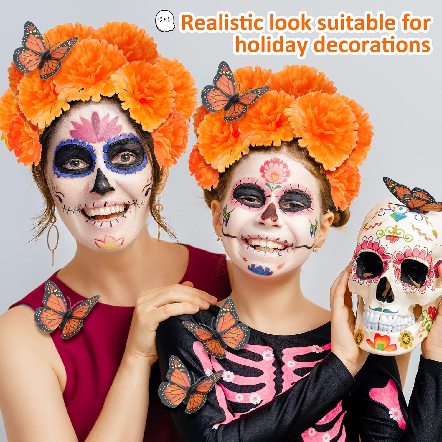 160 Pcs Artificial Marigold Flowers Monarch Butterfly Decoration Kit Dia De Los Muertos Decor Day of The Dead Decorations 60 Butterflies and 100 Marigold Flower for Halloween Fall Diwali Mexican