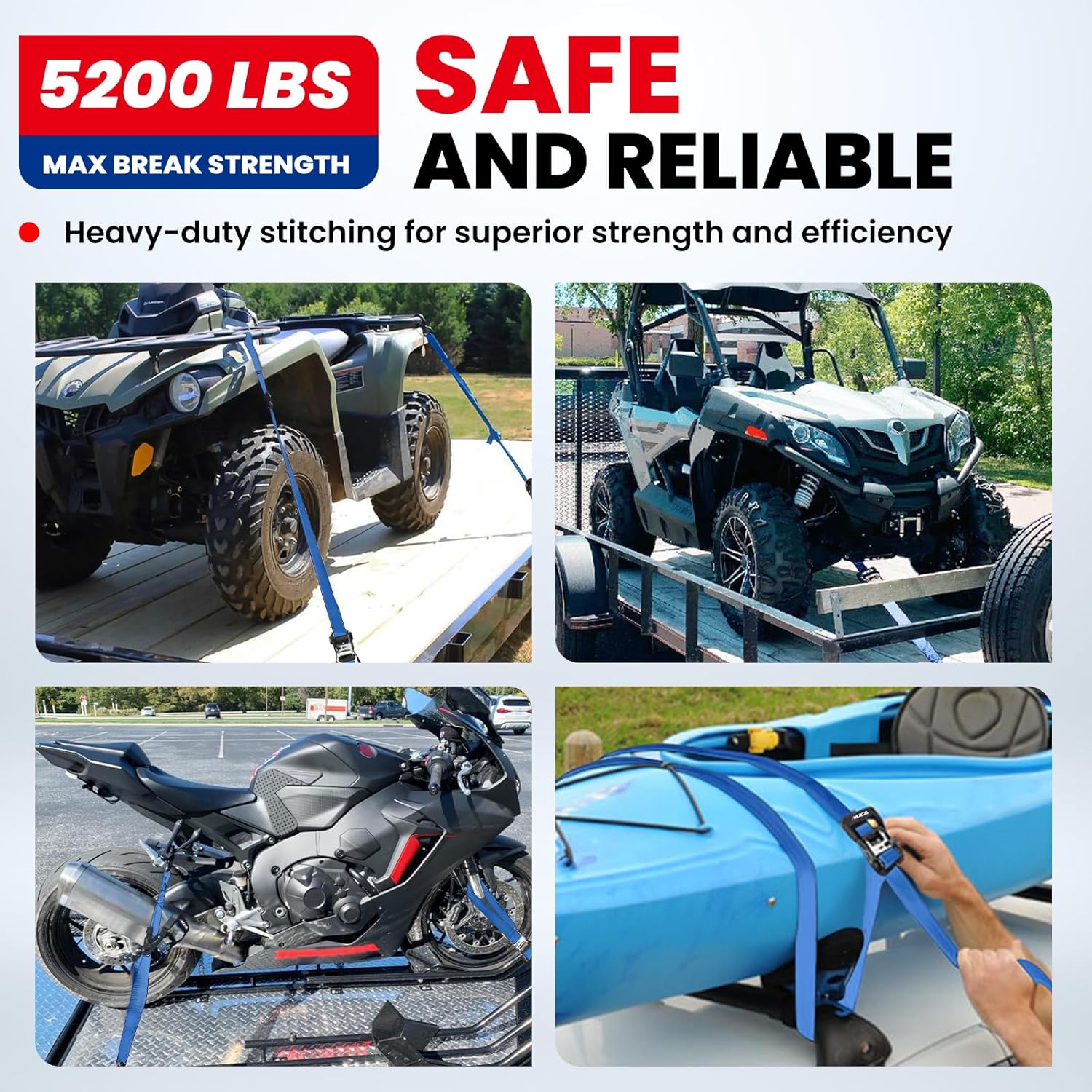 MOCA Blue Heavy Duty Ratchet Tie Down Straps - 5,200 Lbs Breaking Strength 1.6" x 8', Includes 4 Heavy Duty Ratchet Padded Handles & Coated Chromoly S Hooks & 4 Soft Loop Tie-Downs - Image 4