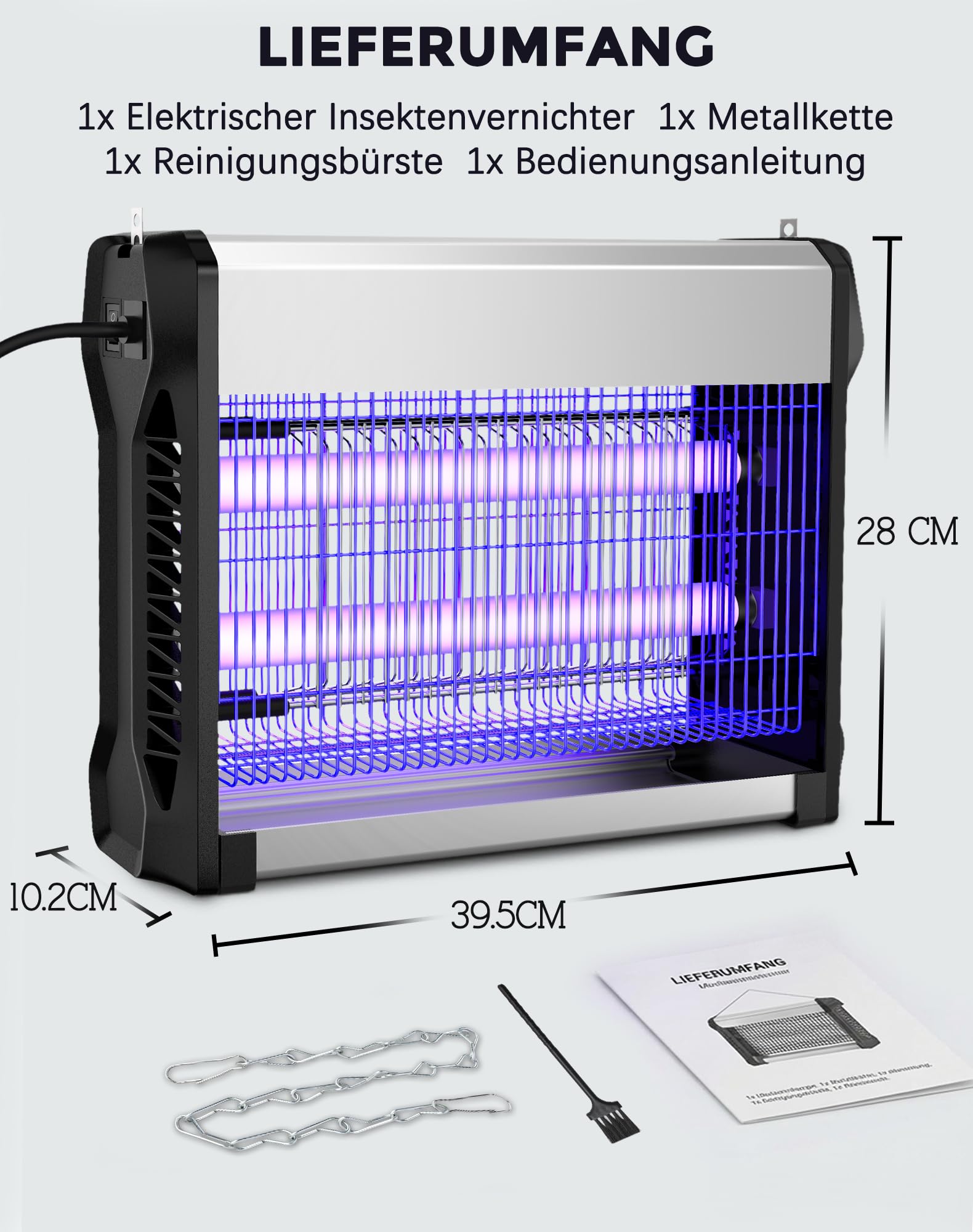 Insektenvernichter Elektrisch 2500V UV Fliegenfalle 20W, 100㎡ Abdeckung Mückenlampe mit V0 Flammschutz, Lautlose Mückenfalle Elektrisch für Innen und Aussen, Schlafzimmer, Büro