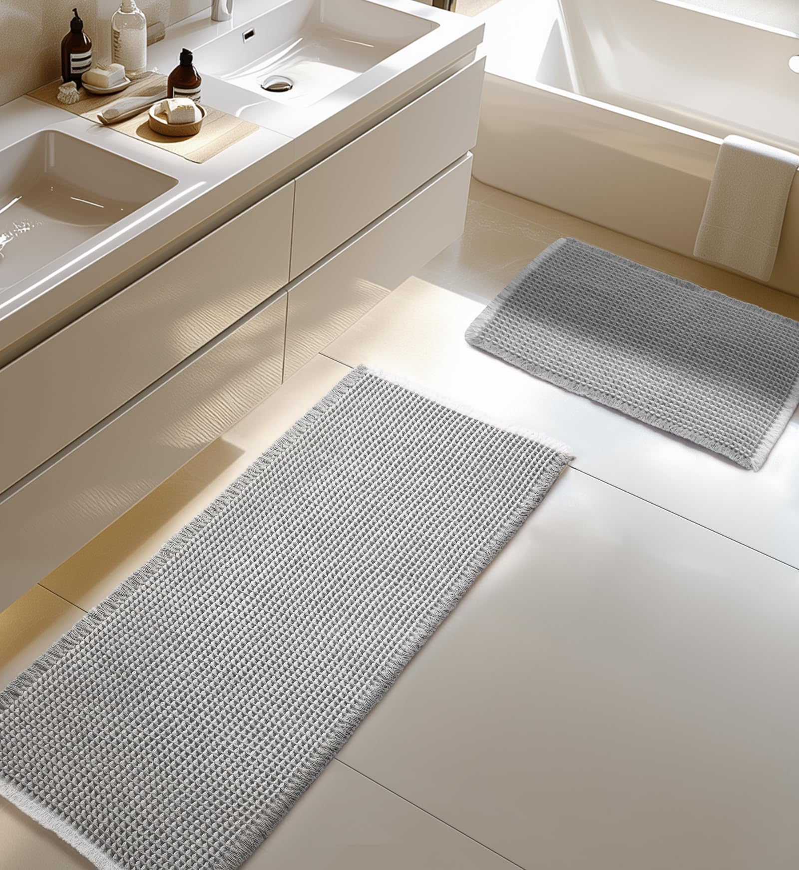 Furicher Large Waffle Bath Mat Set, Non Slip Bathroom Mat Set, Ultra Absorbent Bath Mats for Bathroom Decor, Extra Soft Floor Bathroom Rugs Sets 2 Piece, Grey&White Washable Mats(51×119cm & 41×61cm)
