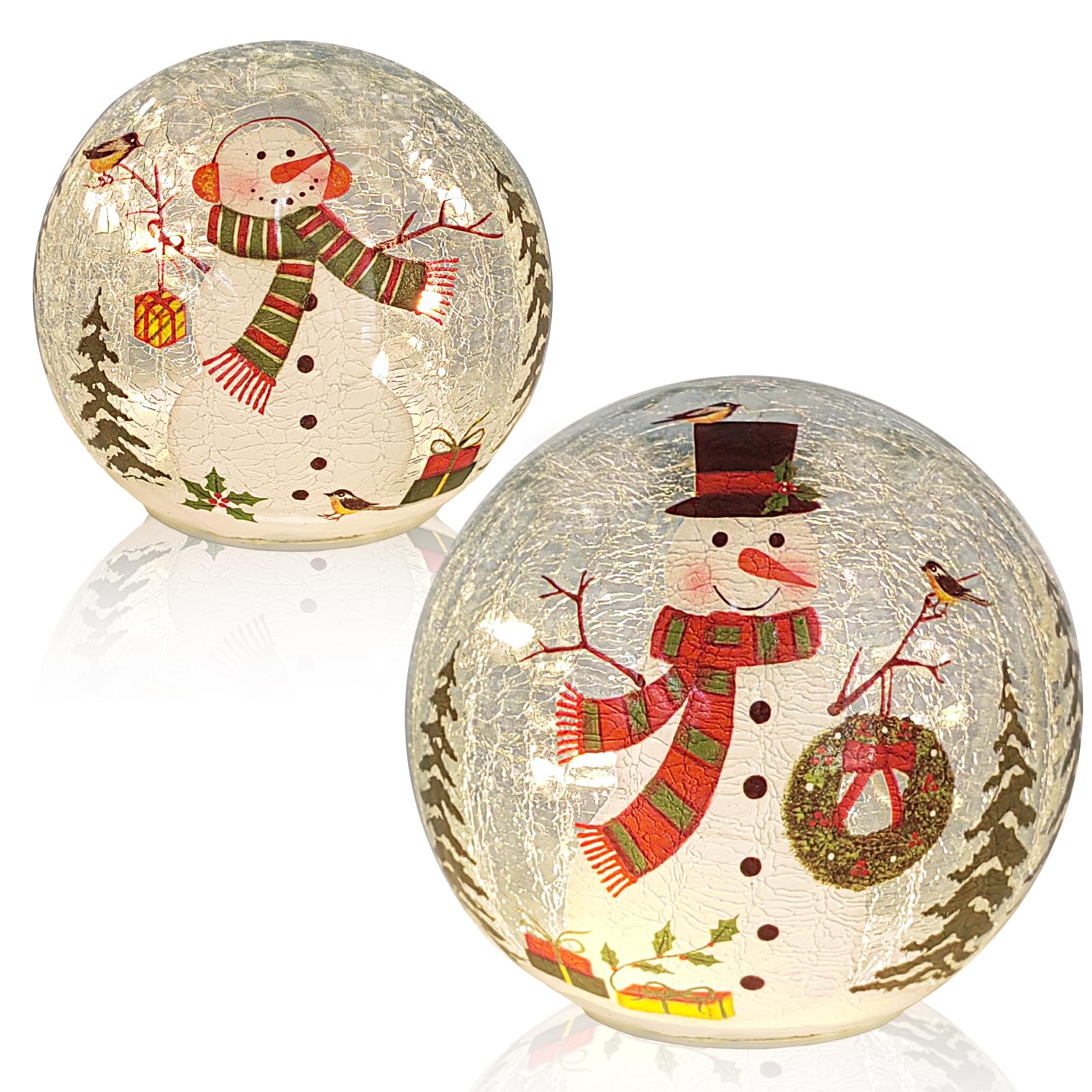 Set of 2 Lighted Crackle Glass Balls 6’’ 4.7’’ Snowman Pattern LED Night Light Globe Lamps with Warm White LED Battery Powered for Home Party Wedding Women’s Gift