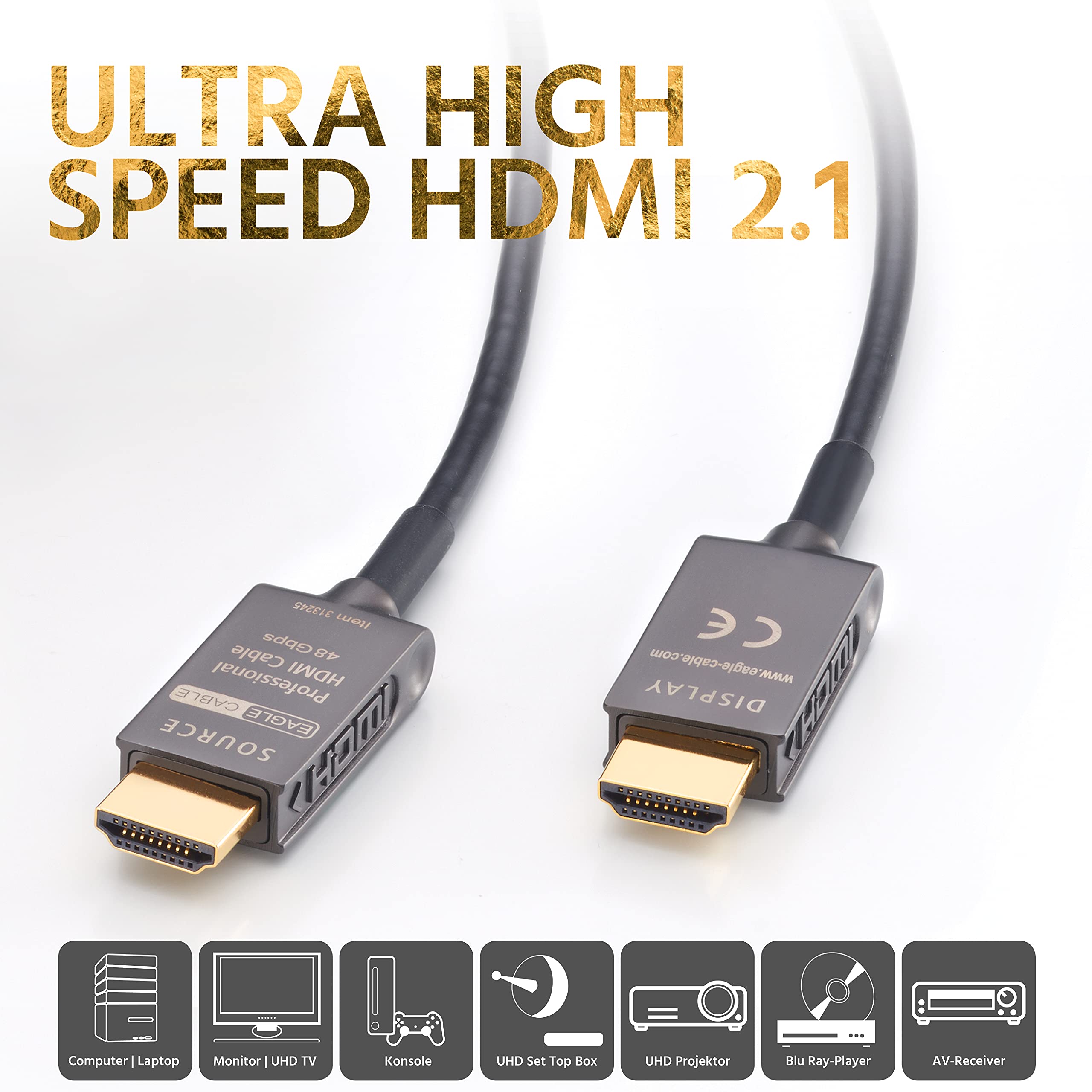 Eagle Cable by INAKUSTIK – 313245100 - Deluxe Ultra High Speed HDMI 2.1 Kabel | 100m | 48 Gbps | Lichtwellenleiter | UHD 10K@120Hz | professionelles Heimkino & Gaming | HDR10+
