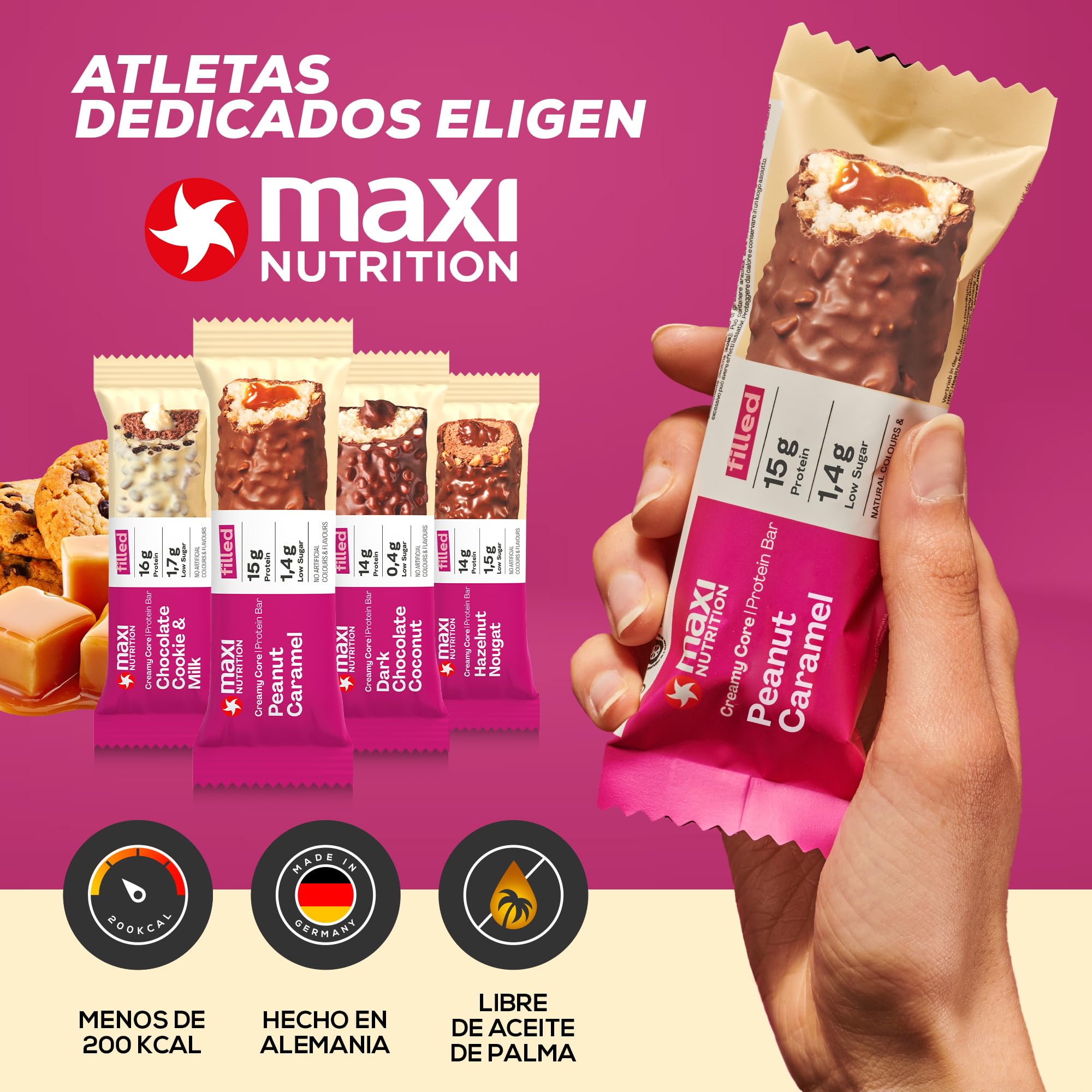 MaxiNutrition Barritas Creamy Core sabor a cacahuete y caramelo, 12 barritas proteicas de 45 g, 32% de proteína, 15 g por barrita, bajo en azúcar, sin azúcares añadidos, sin aromas artificiales