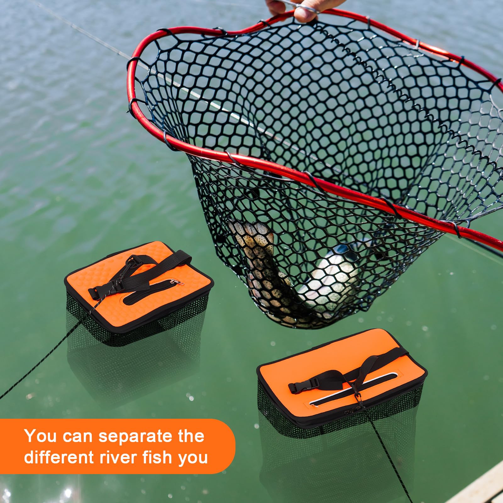 SATINIOR 2 cestas de pesca flotantes de 3.5 galones/10 galones, red de pesca plegable con revestimiento de goma, jaula de almacenamiento de cebo para peces capturados vivos, cangrejos de río