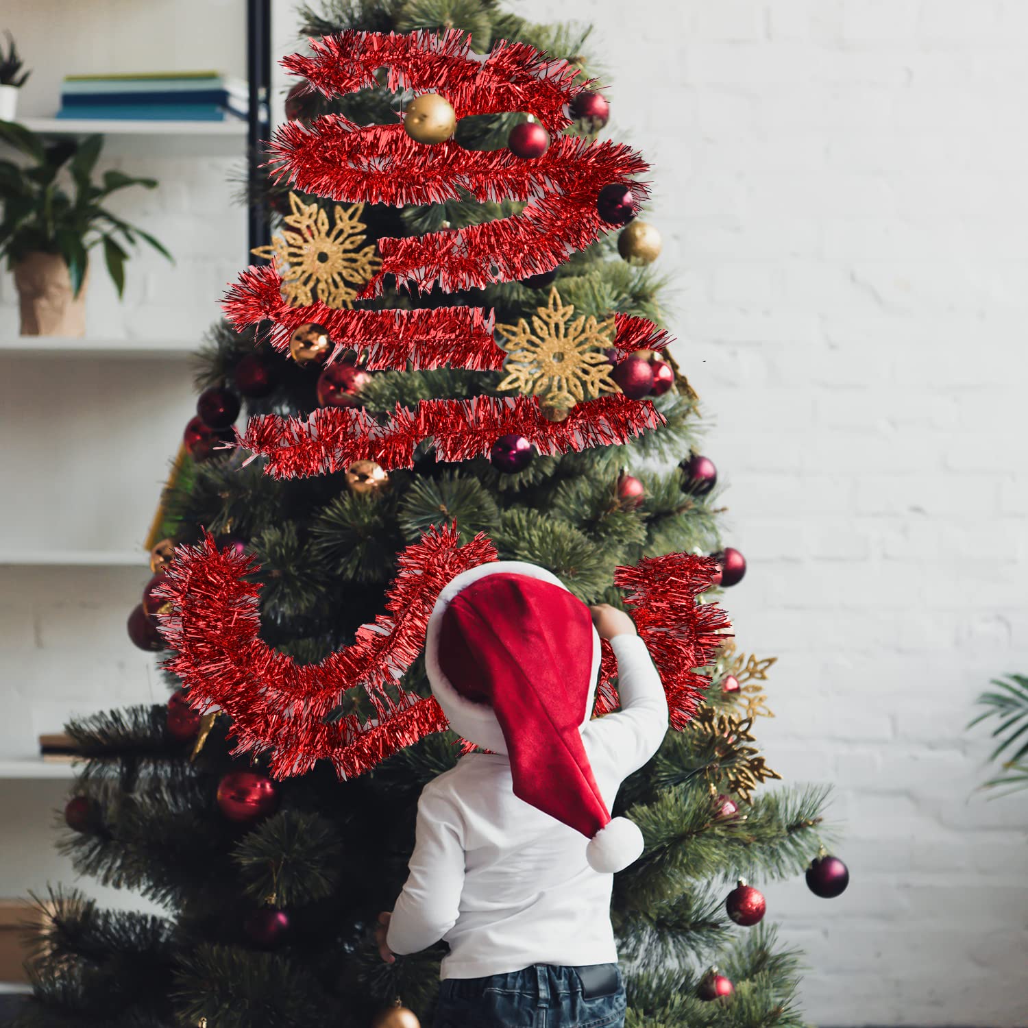 Jomnvo 4 Pieces Christmas Tinsel Garland Metallic Red Green Gold Silver Tinsel Garland Hanging Decoration Glitter Ribbon Shiny Christmas Tree Ornaments (4) - Image 4