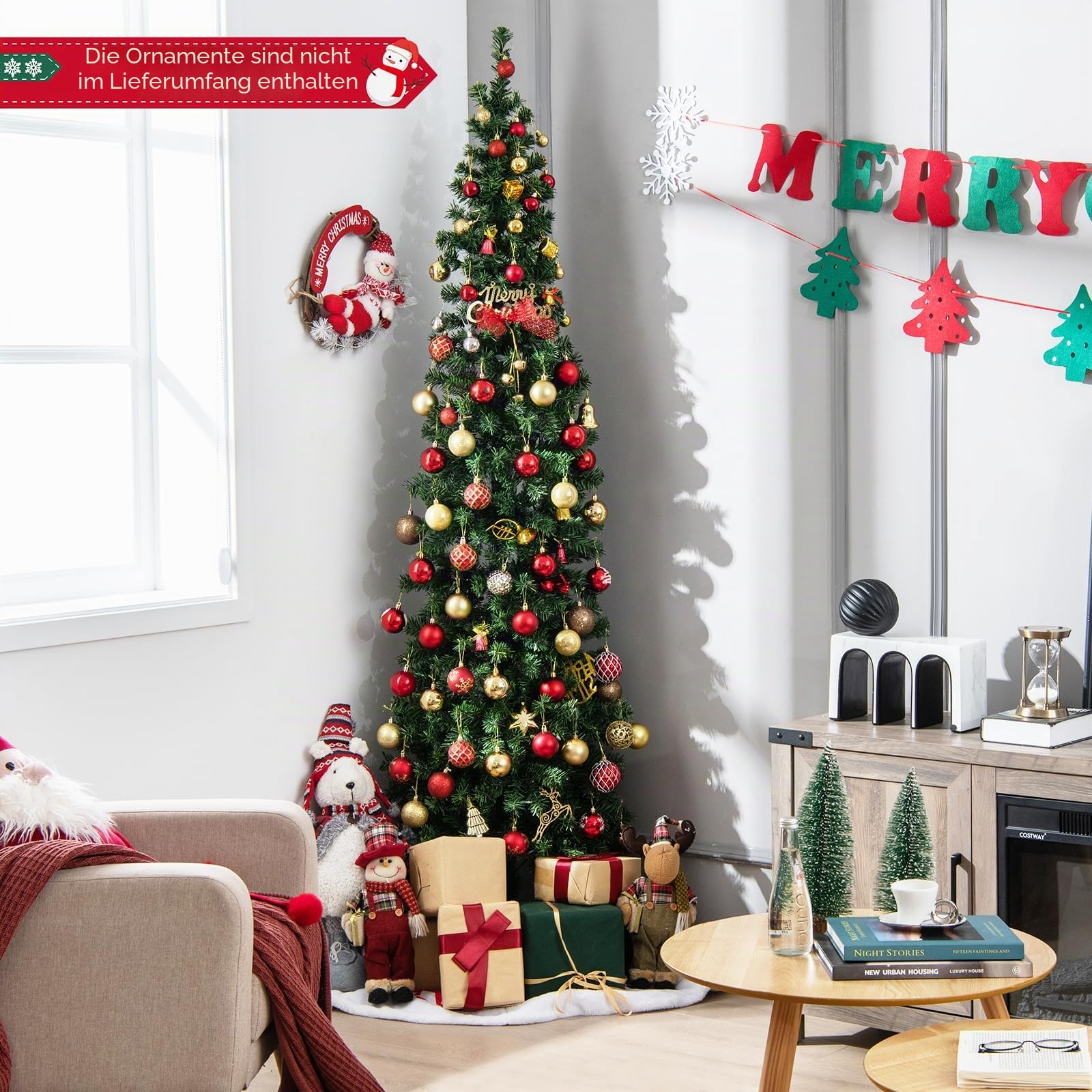 KOMFOTTEU Künstlicher Bleistiftbaum 210 cm mit 150 LED-Lichtern, Halber Weihnachtsbaum mit 403 Zweige & Metallständer, Christbaum Tannenbaum Weihnachtsdekoration für Haus Geschäfte Büro (450 Zweige)