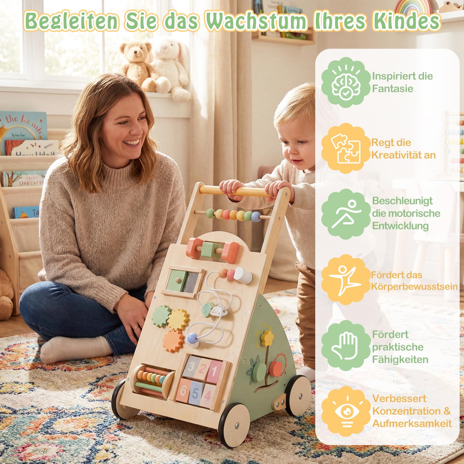 COSTWAY Baby Lauflernwagen Holz, Lauflernhilfe mit Activity Board, Rädern & Aufbewahrungskorb, Laufwagen, Montessori Lauflernspielzeug & Aktivitätszentrum für Kinder ab 1 Jahr