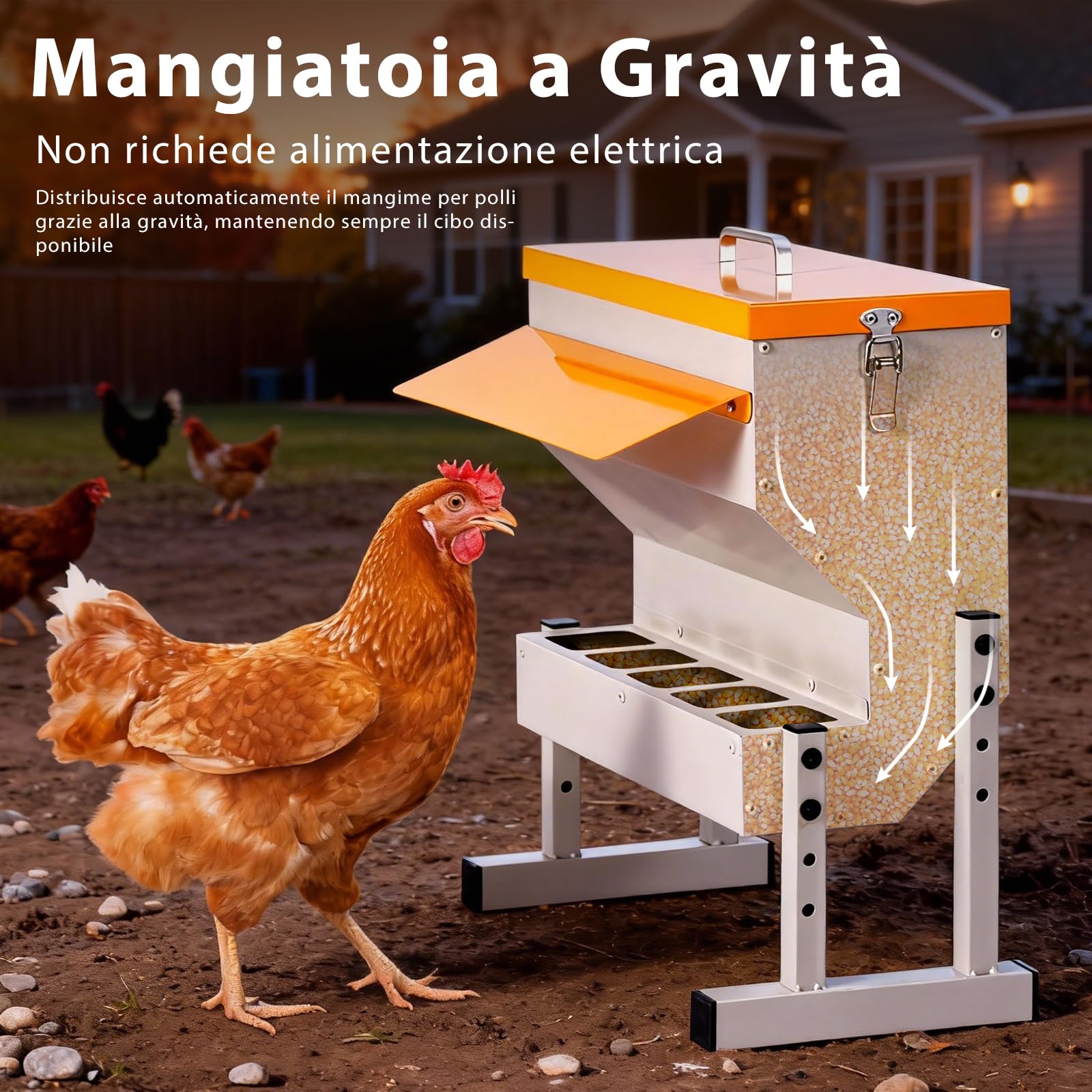 Mangiatoia automatica per polli in metallo, 16 l, con 5 aperture per mangime, distributore automatico | Gravità, mangiatoia per pollame, da appendere, per pollame, anatre, accessori per pollaio