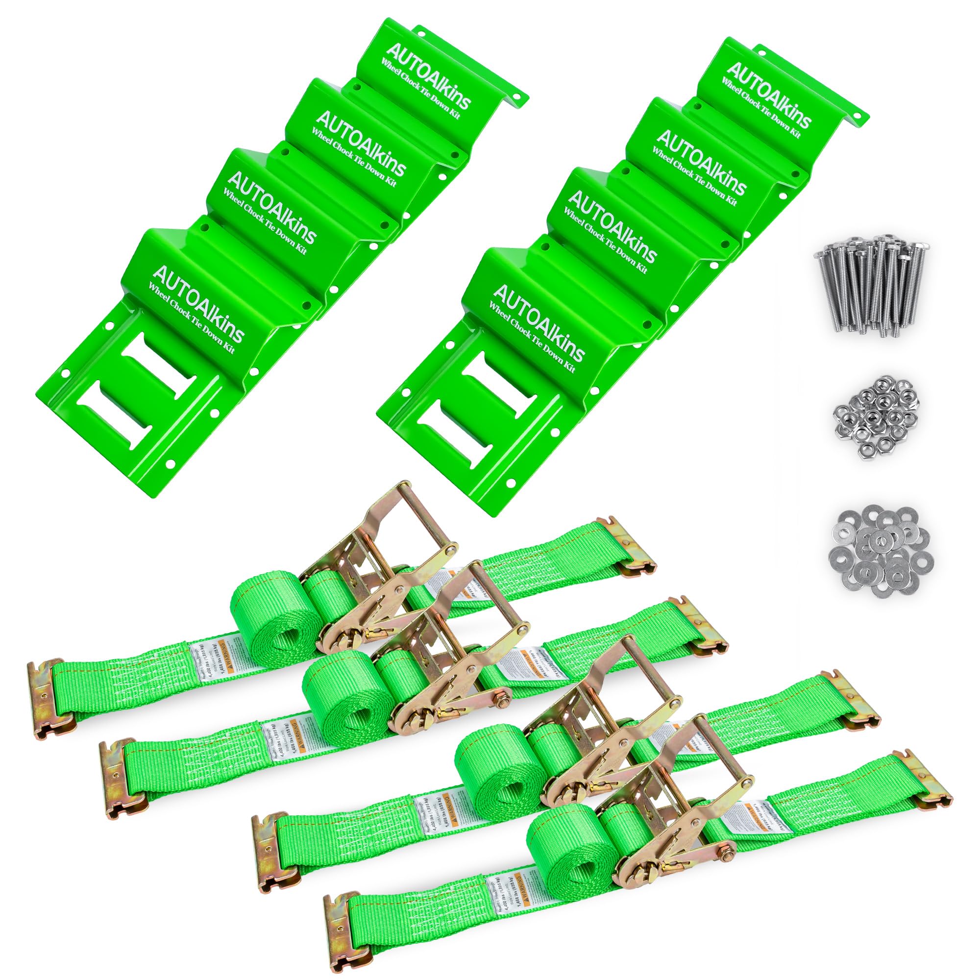 AUTOAlkins Wheel Chock Tie Down Kit, Trailer Tie Down Strap Kit, Heavy Duty Trailer Tie Down System for UTV, ATV, Mower, etc, 4-Tire Kit (Green)