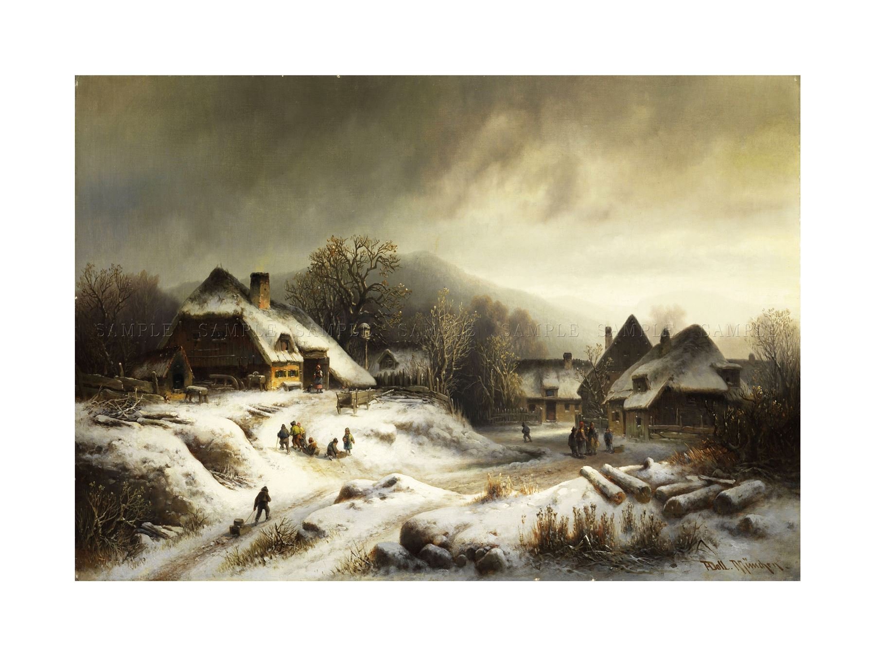 Wee Blue Coo Painting Landscape Rural Doll Snowy Village Evening Wall Art Print