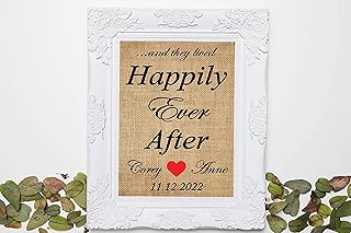 Happily Ever After Sign, Personalized Bridal Shower Gift, Wedding Gift for Couple, Burlap Wedding Decoration, Happily Ever After - Anniversary Burlap print-1J (Frame not Included)