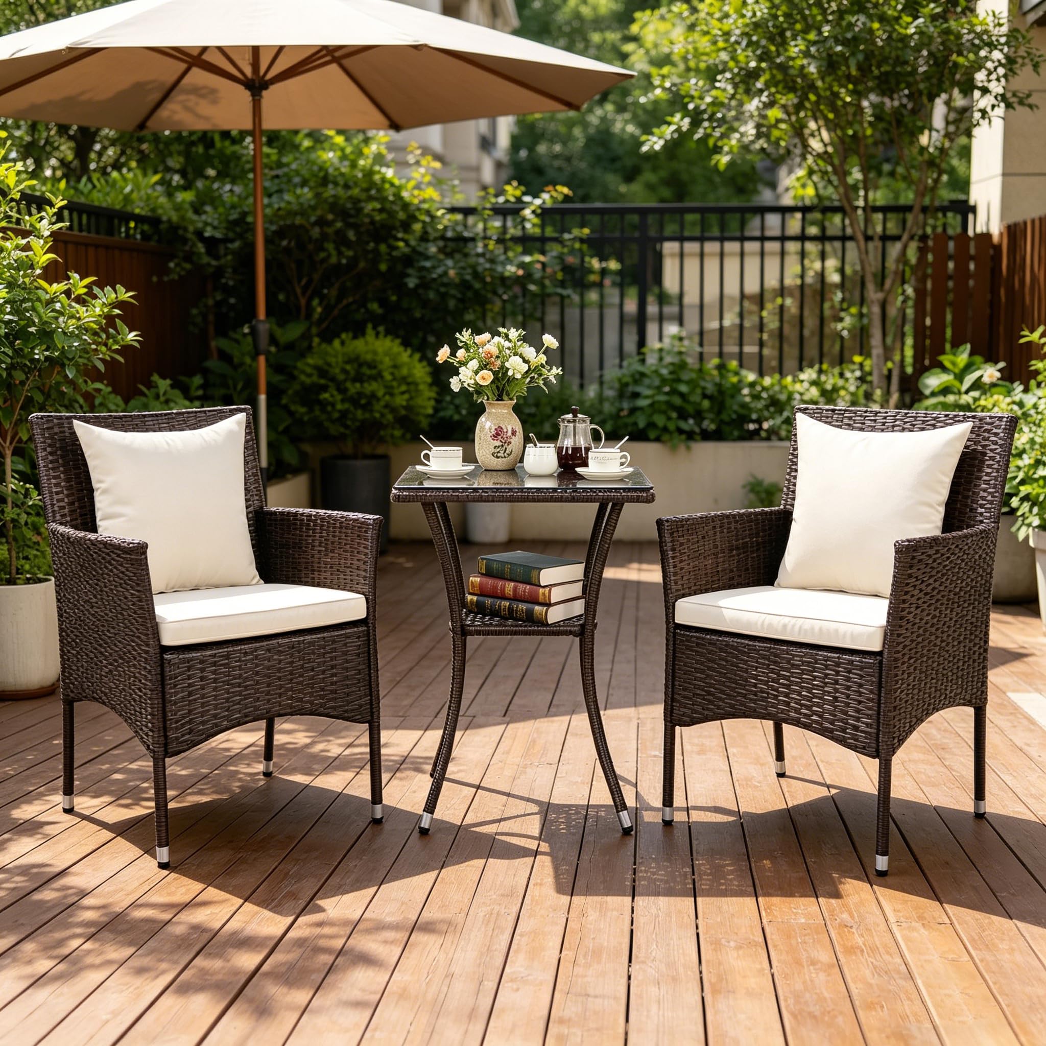 GIANTEX Salotto da Giardino 3 Pezzi, Set Giardino Esterno in PE Rattan con 2 Divanetti e 1 Tavolino in Vetro Temperato a 2 Ripiani, Set da Conversazione con Cuscini per Terrazza e Piscina (Bianco)